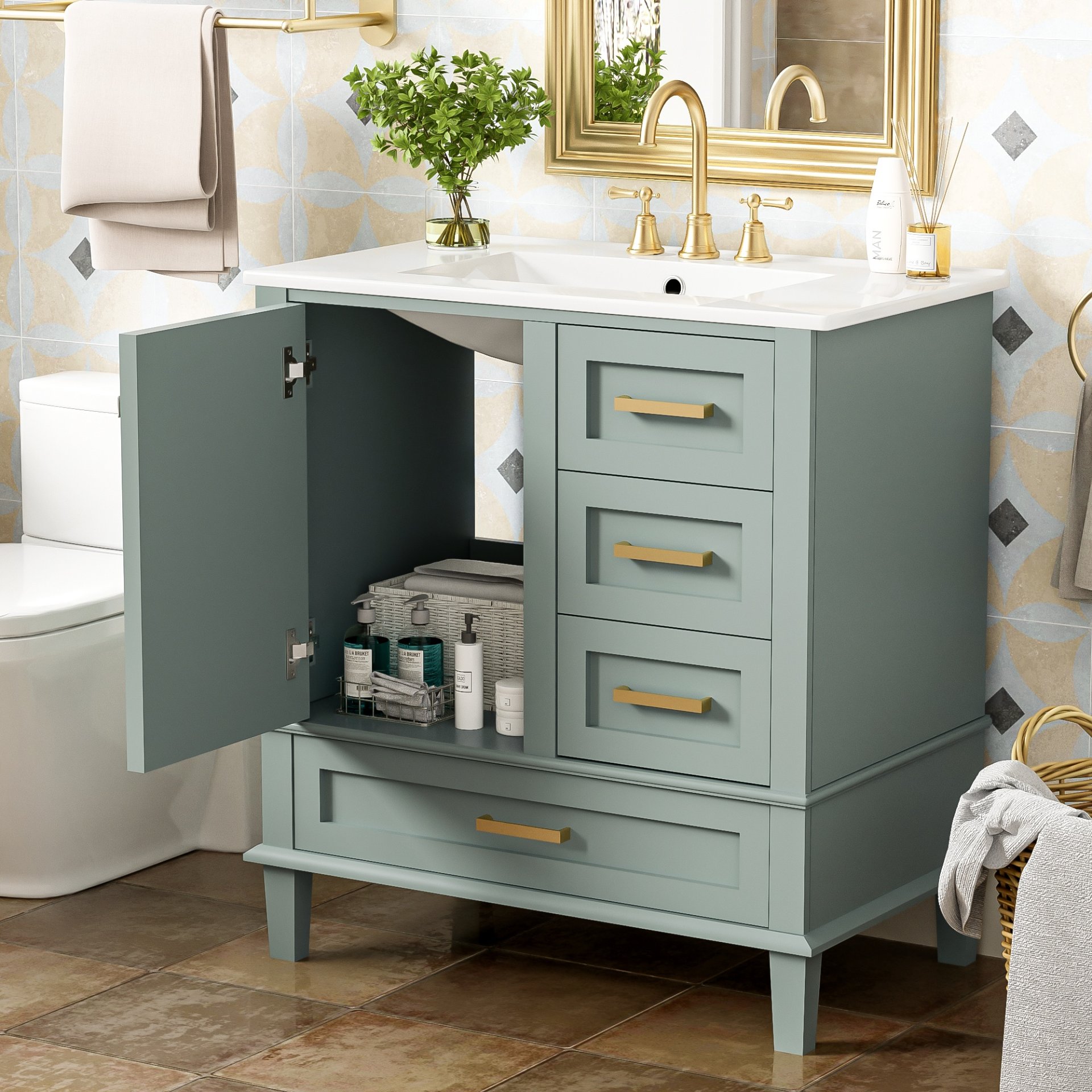 30" Bathroom Vanity Set With Sink, Featuring Soft Close Doors, And 3 Drawer Design - Sage Green - Image 4