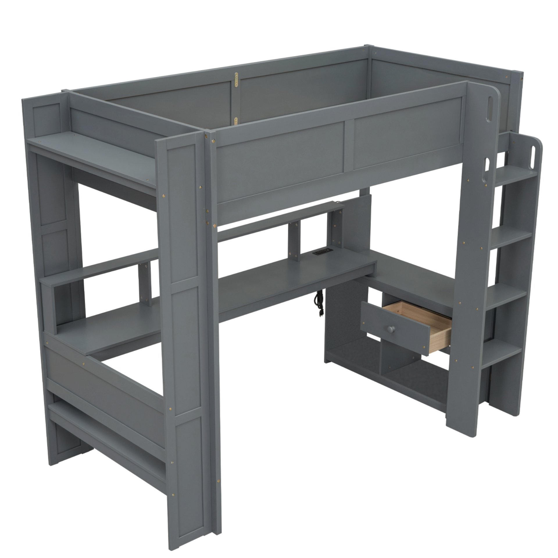 Twin Size Gaming Loft Bed With Desk, Multi Storage Shelves, LED And Charging Station - Dark Gray - Image 11