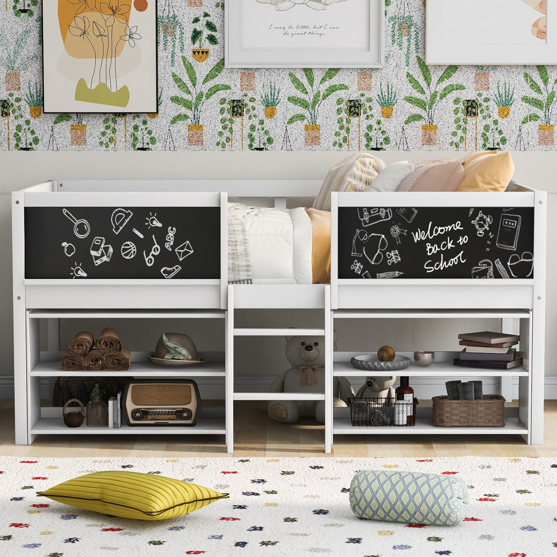 Twin Size Low Loft Bed With Movable Shelves And Ladder, Decorative Chalkboard Guardrail - White - Image 2