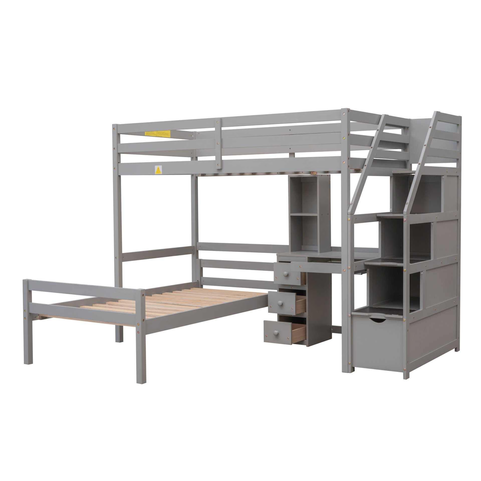 Twin Size Loft Bed With Stand Alone Bunk, Storage Staircase, Desk, Shelves, And Drawers - Gray - Image 13