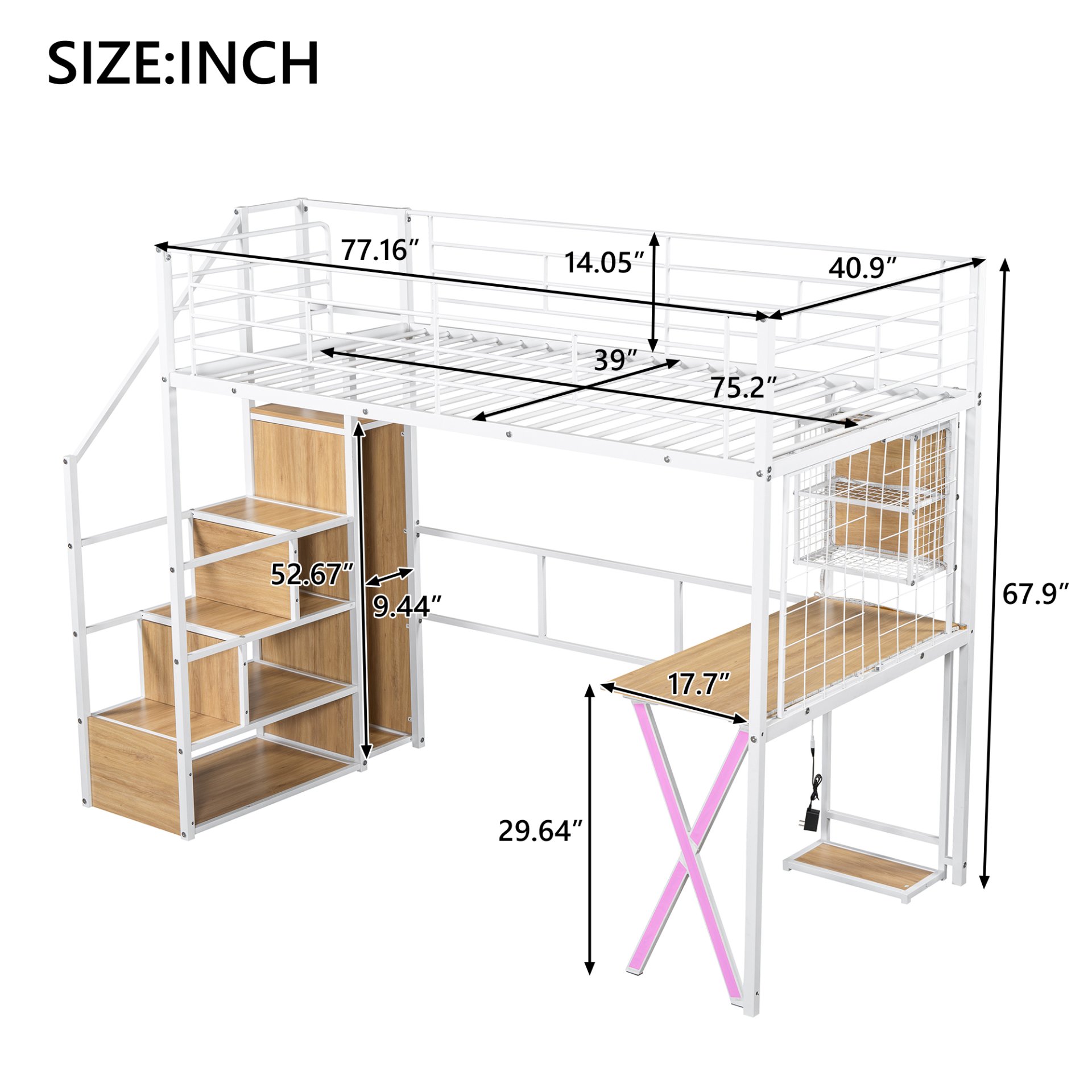 Twin Size Loft Bed With Built In Work Station, Wardrobe, Storage Staircase And LED - White - Image 3