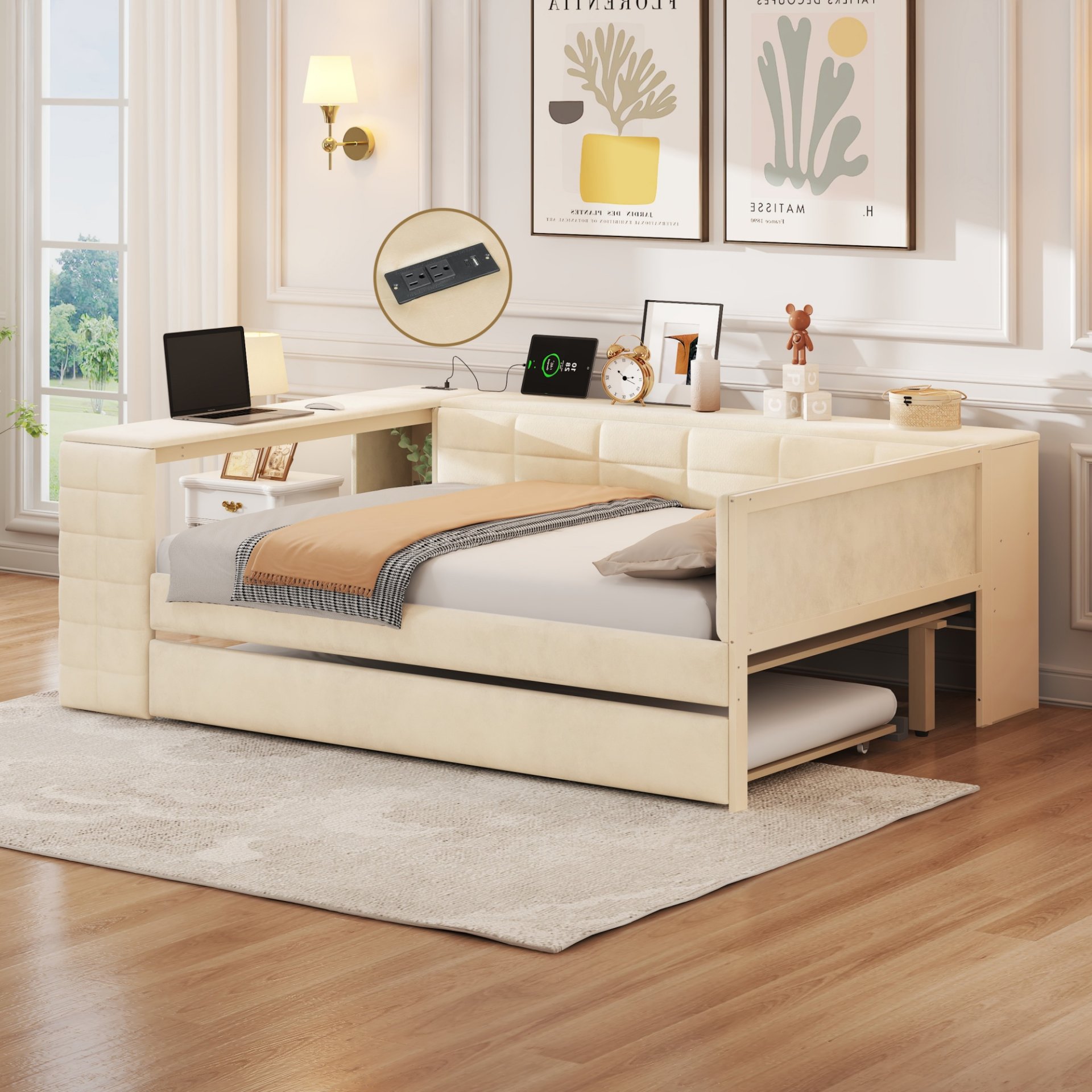 Upholstered Full Size Platform Bed With Storage Shelves, Desk, Charging Station And Trundle - Beige - Image 5