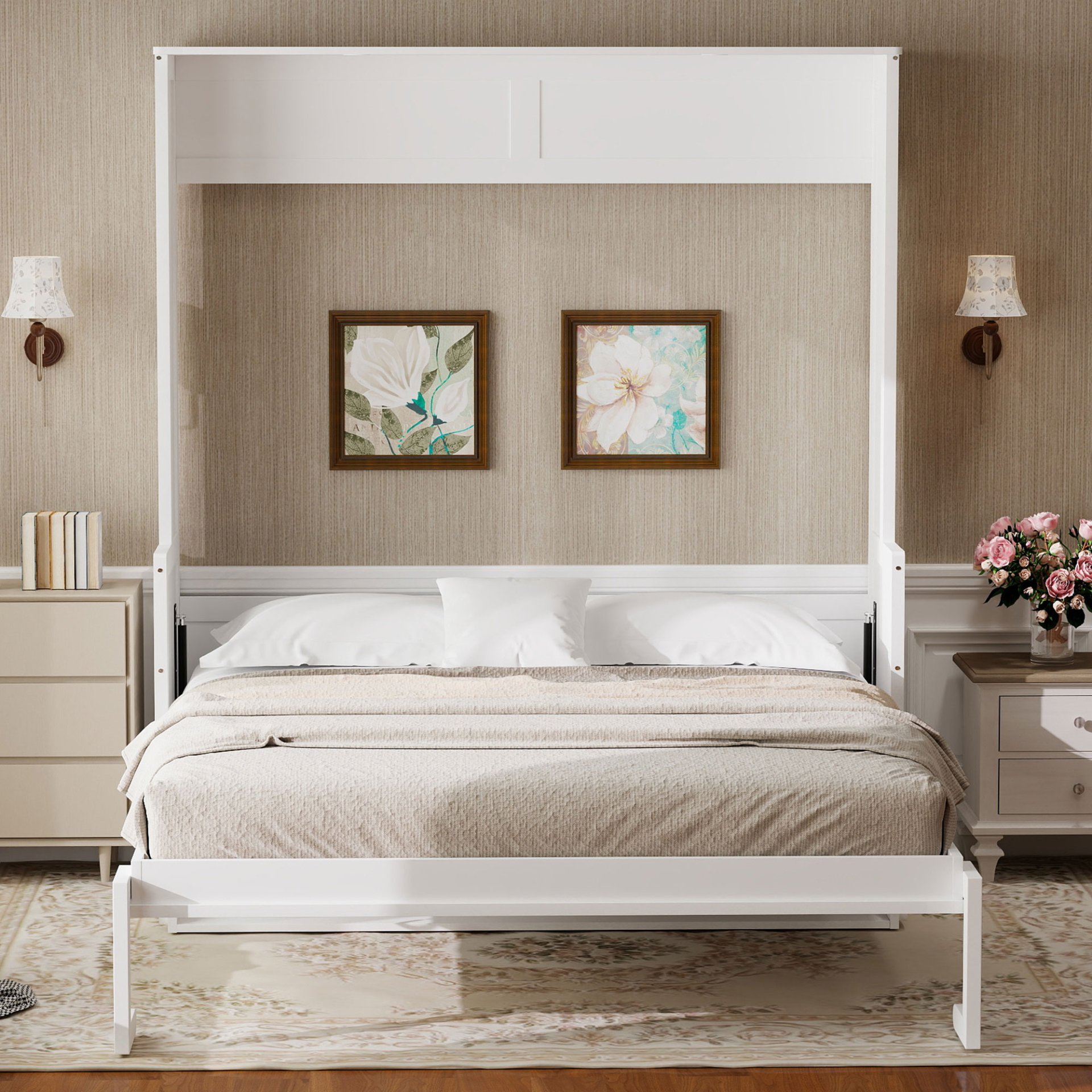 Queen Size Murphy Bed With Desk, LED Lights & USB Charging Station - White - Image 6