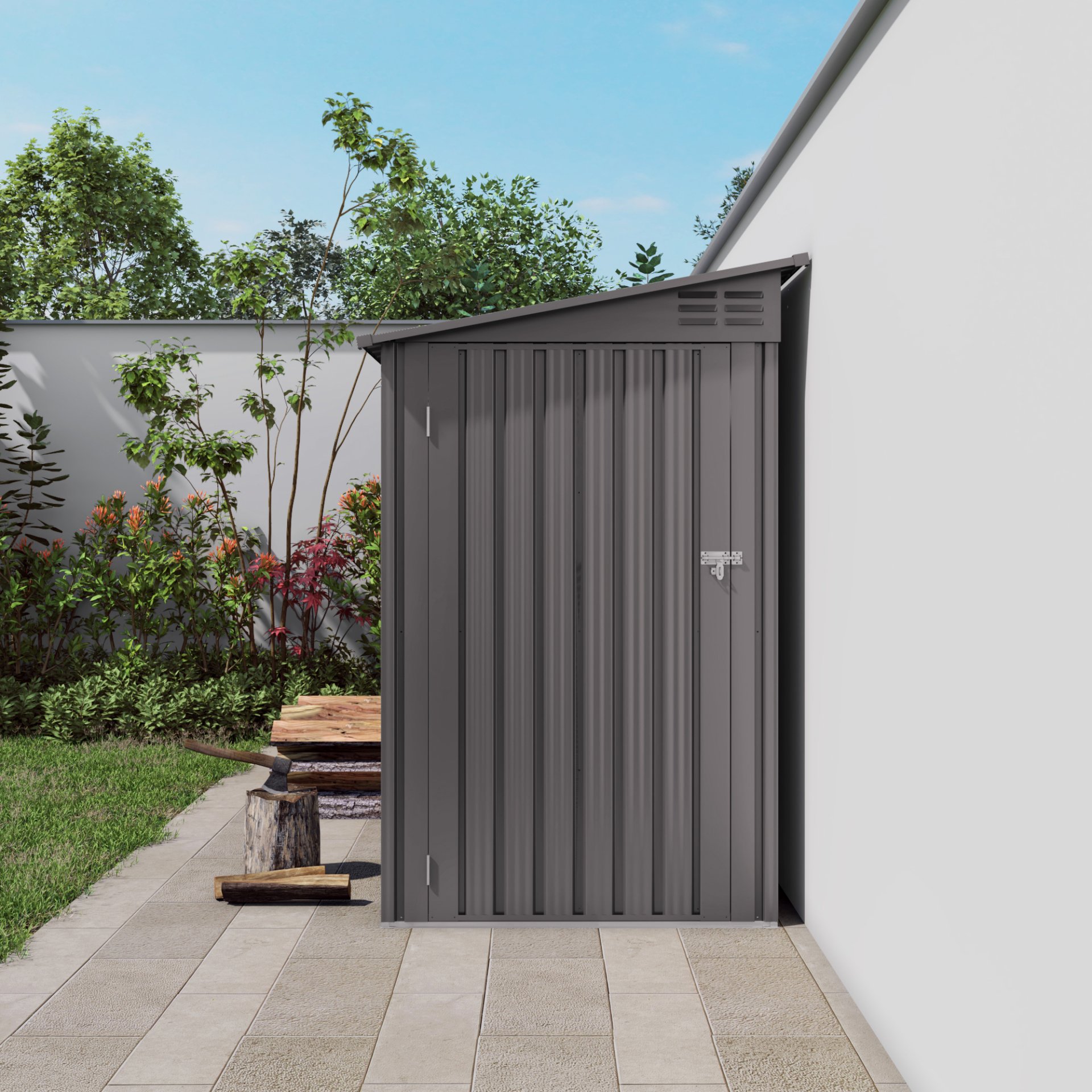 Metal Outdoor Storage Shed 4 X 9 Ft With Sloping Roof, Vents, And Side Door - Gray - Image 5