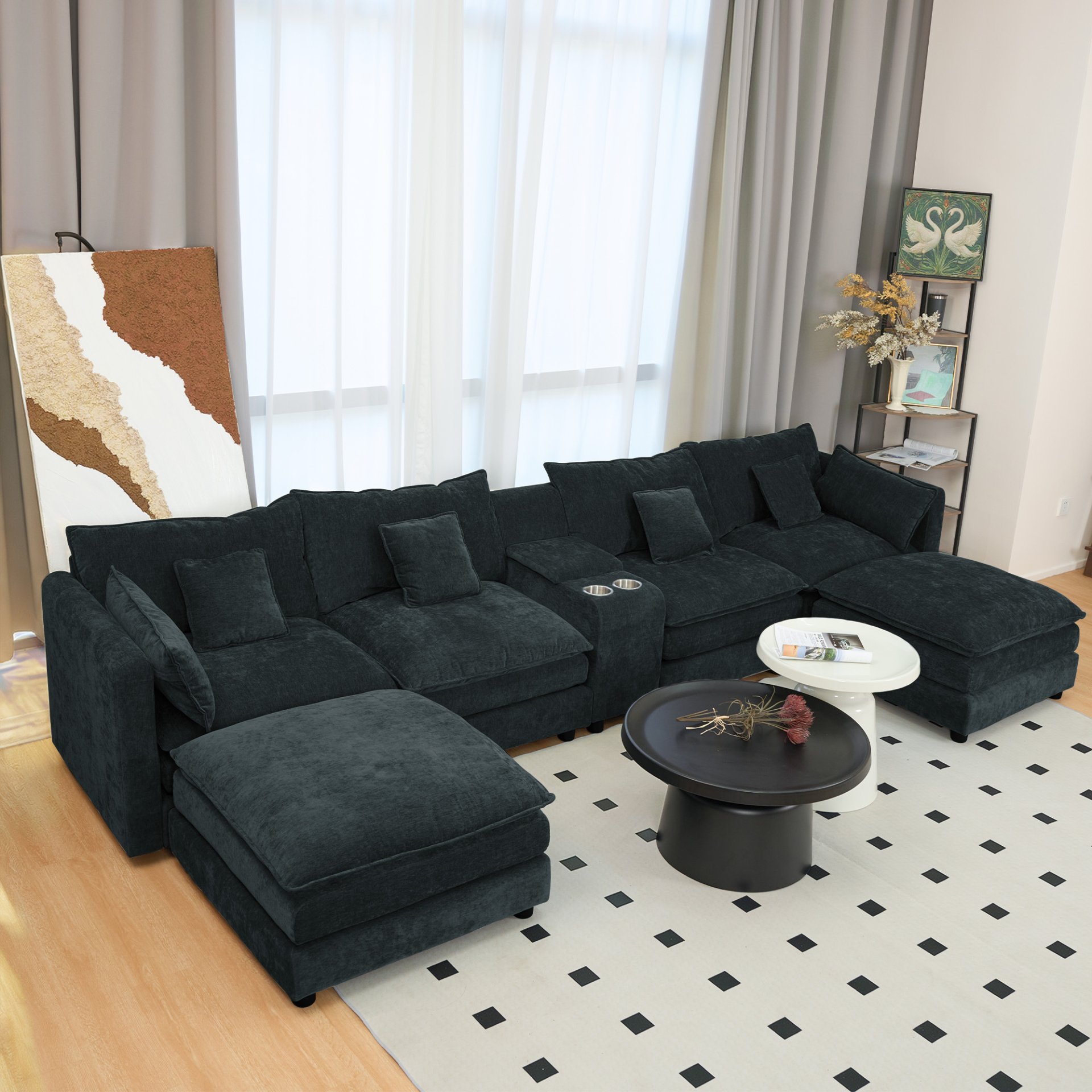 U Shaped Sectional Cloud Couch For Living Room, Fluffy Modular Sofa With Movable Ottoman 6 Seat Sectional Sofa Set With Console, Cup Holders - Black - Image 5