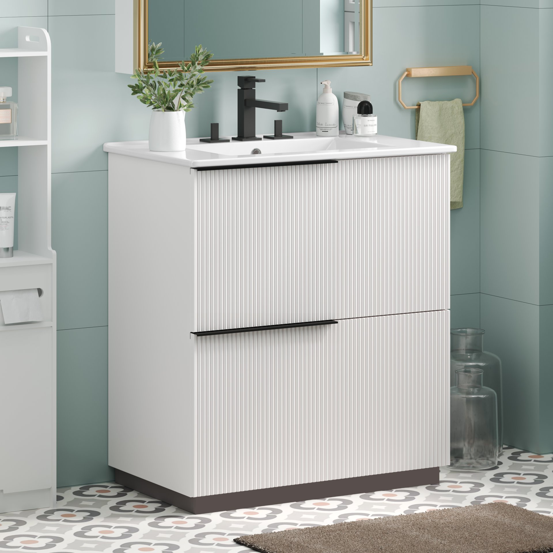 Fluted Bathroom Vanity With Sink, Full Extension Drawers, Soft Close Slides - White - Image 4