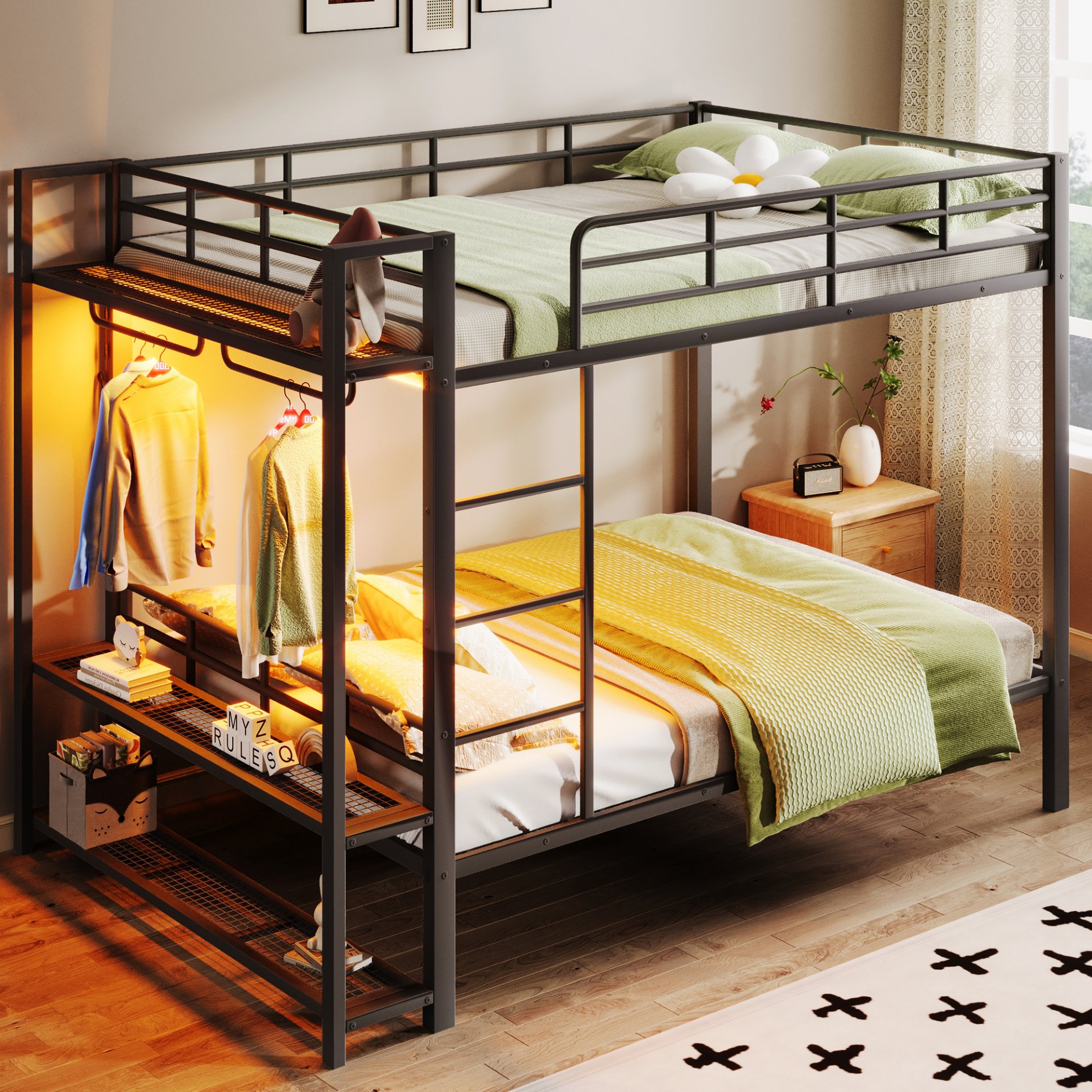 Full Size Bunk Bed With Storage Mesh Shelves, Clothes Hooks, LED Light - Black - Image 4
