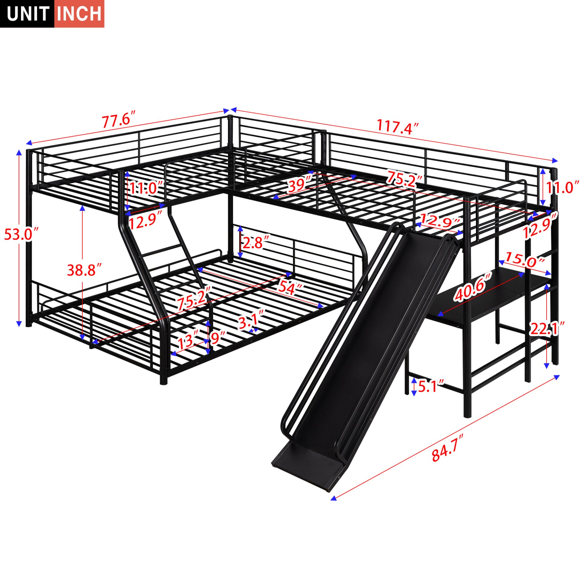 L-Shaped Twin Over Full Bunk Bed With Twin Loft, Built In Desk And Slide - Black - Image 3