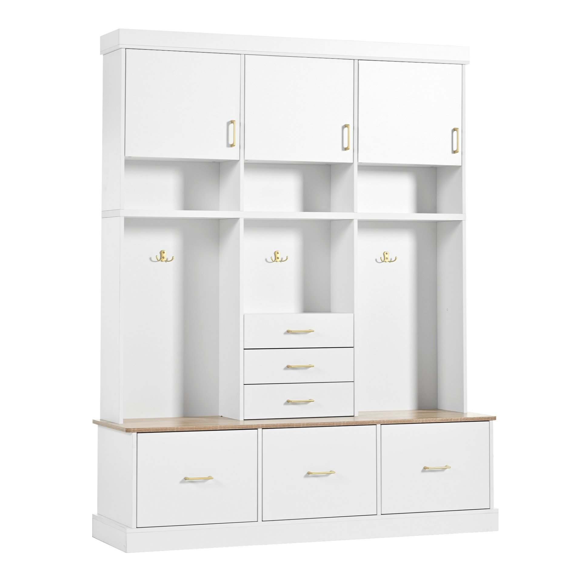 Entryway Hall Tree With Bench And Storage, 5 In 1 Coat Rack, 6 Drawers, 3 Cabinets And 3 Tier Top Storage - White - Image 16