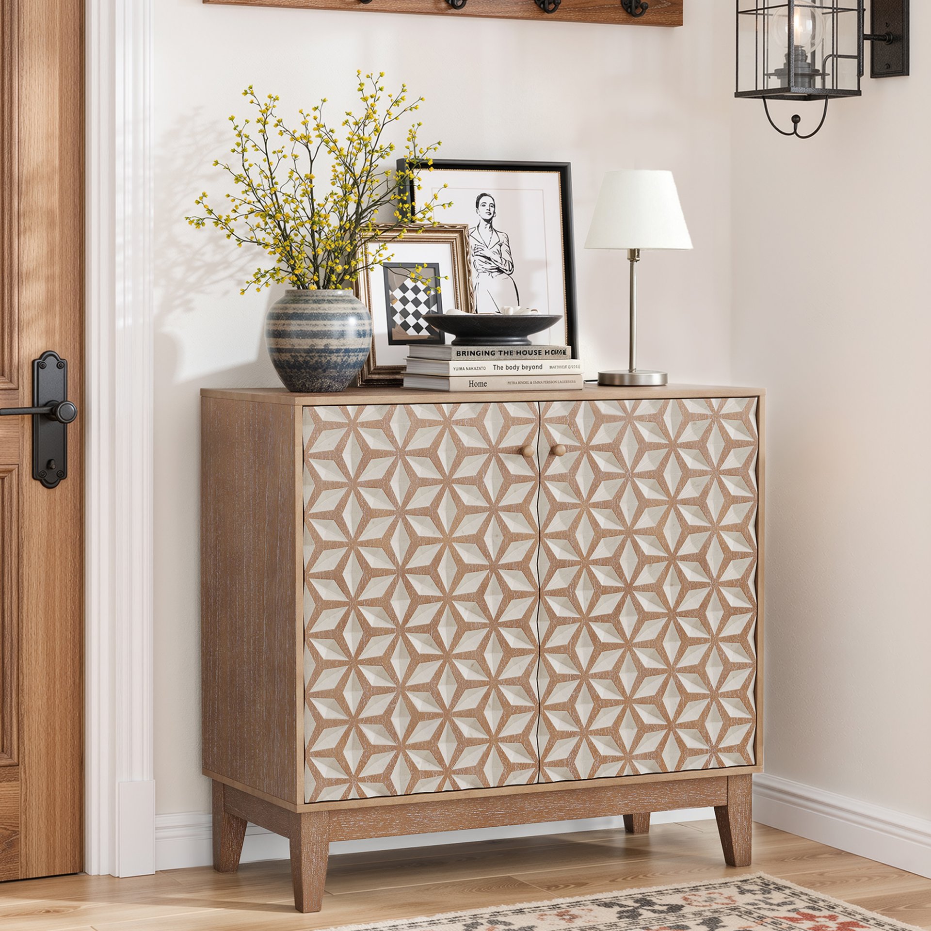Geometric Design Sideboard With 2 Doors And Adjustable Shelves - Tangerine / Walnut - Image 2