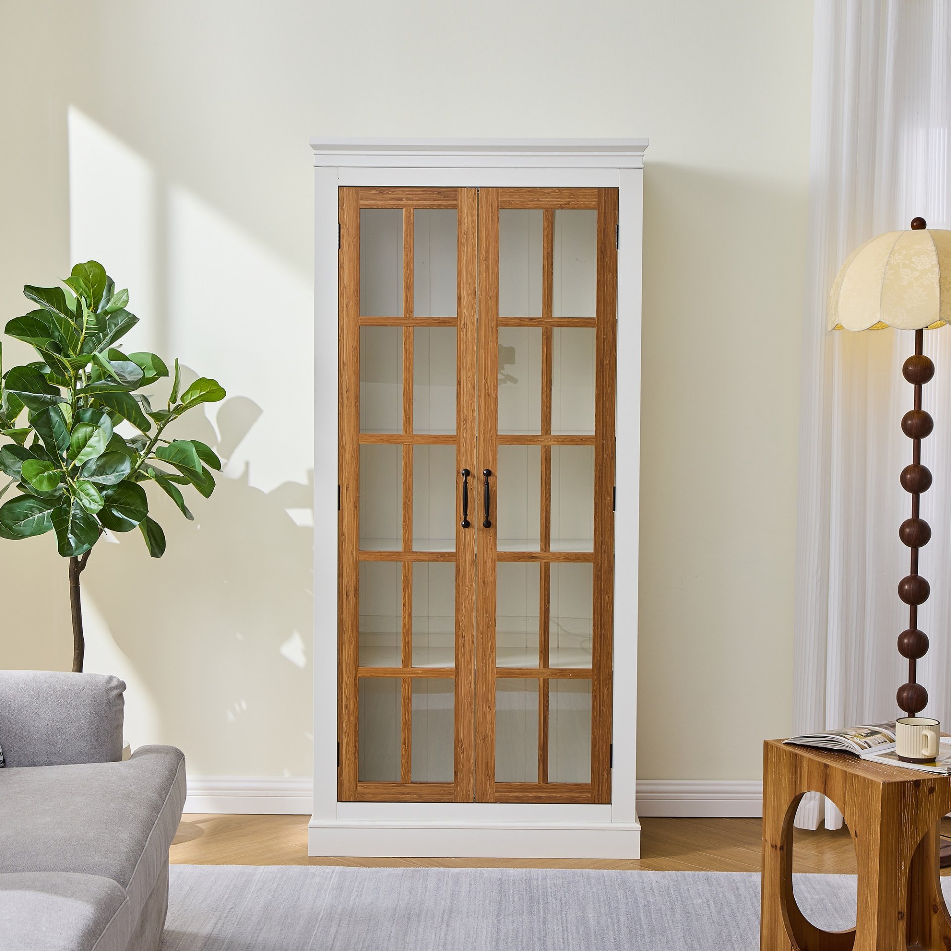 Rustic Style Display Cabinet With Glass Doors For Collectibles & - Brown / Cream White - Image 5