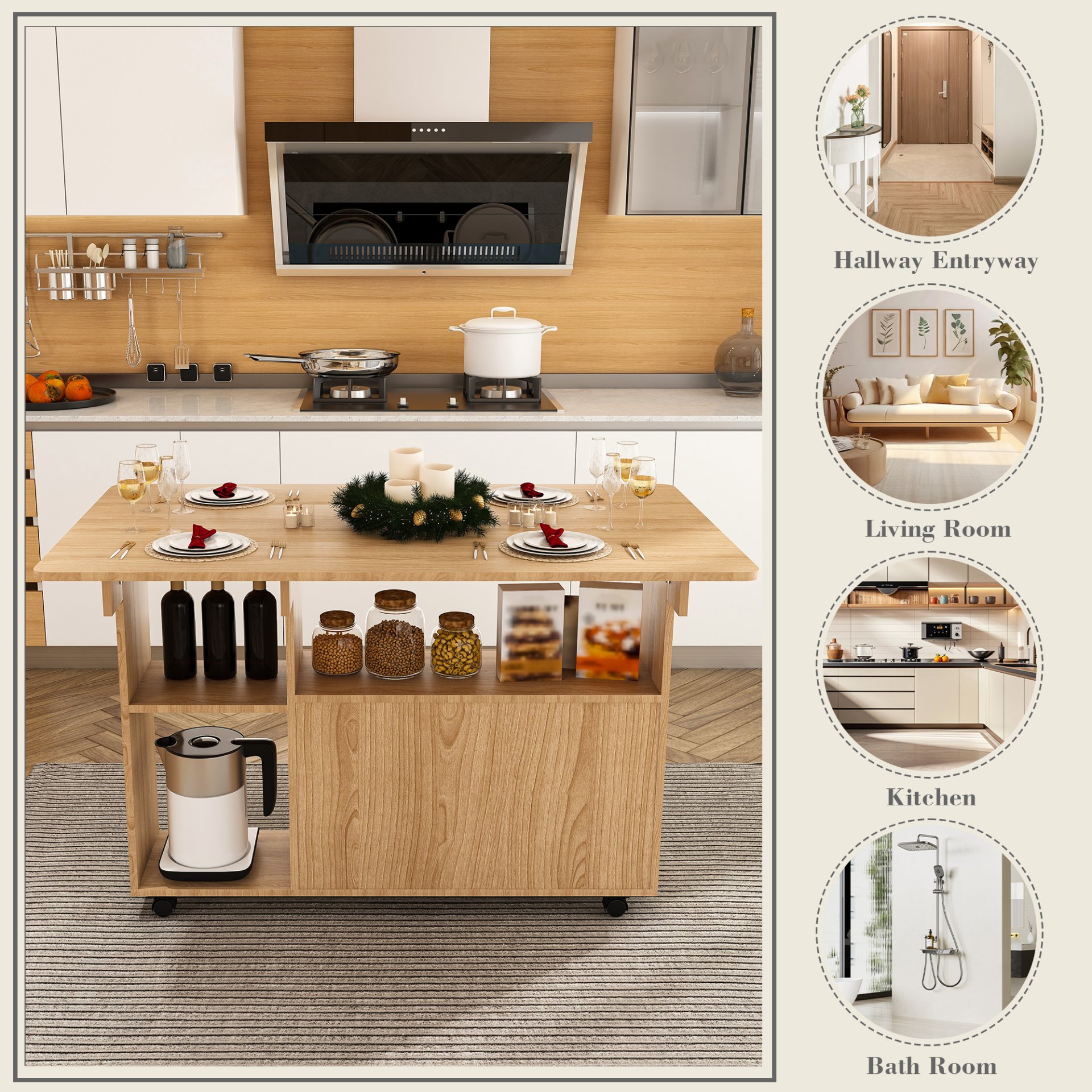 Multifunctional Folding Table With Storage Shelves And Wheels, Compact Desk For Kitchen - Walnut - Image 14