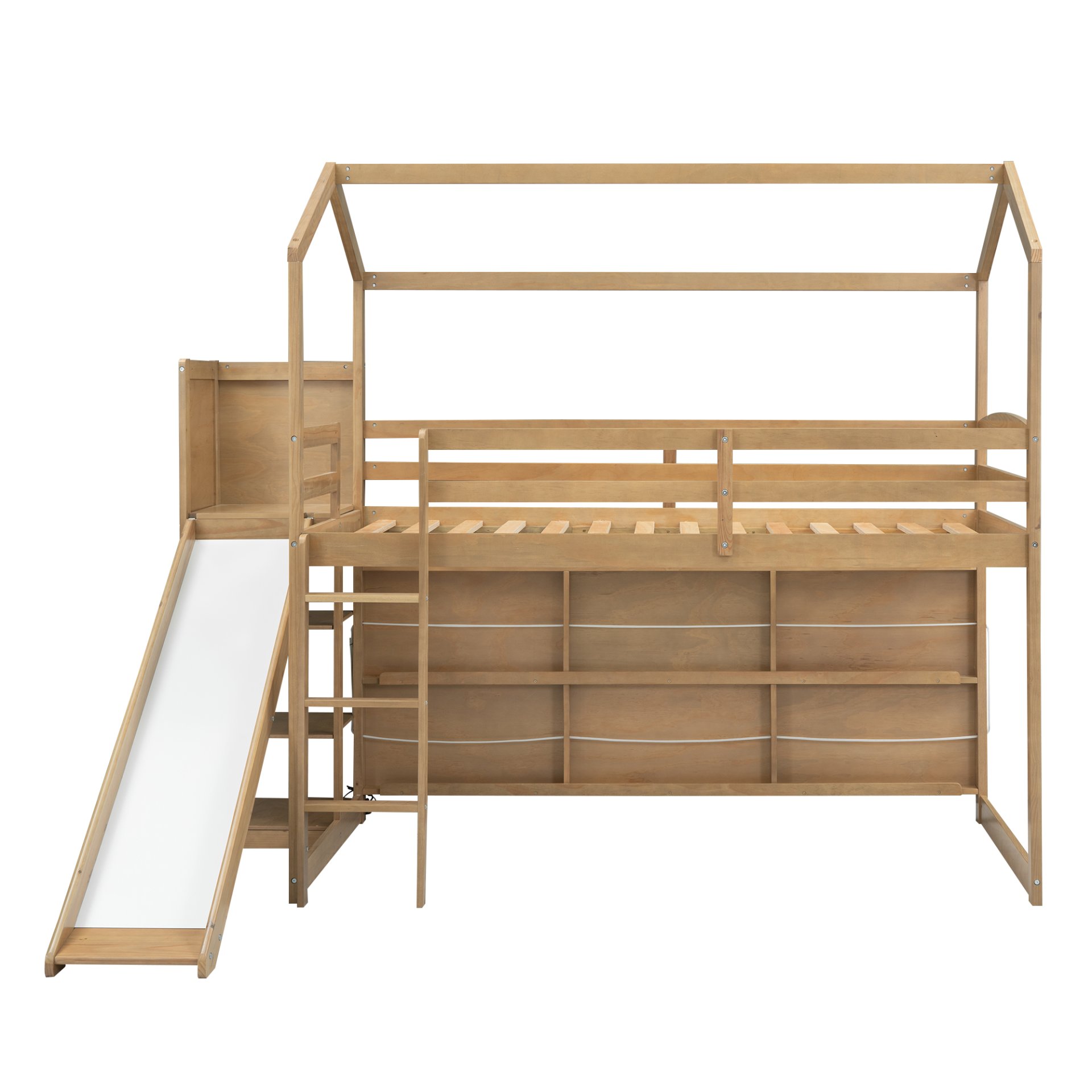 Twin Size House Loft Bed With Slide, Storage Shelves And Light, Climbing Ramp - Wood - Image 10