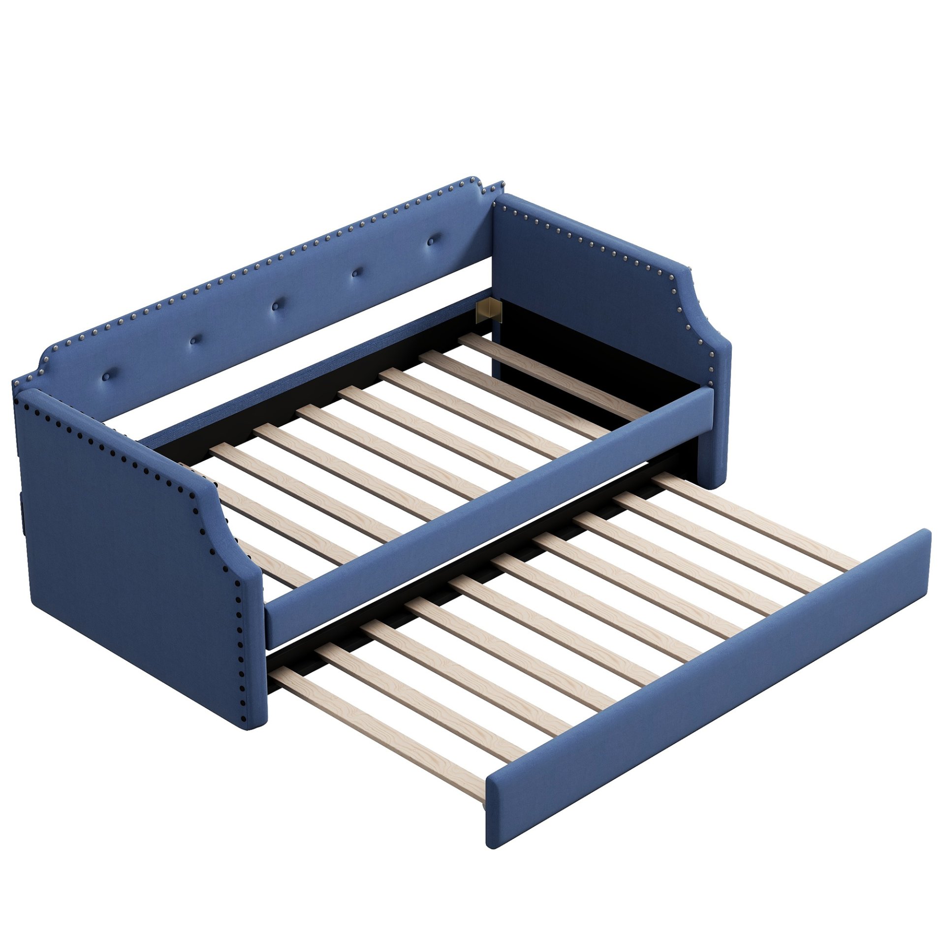 Upholstered Daybed With Trundle, Twin, Slat Support - Blue - Image 16