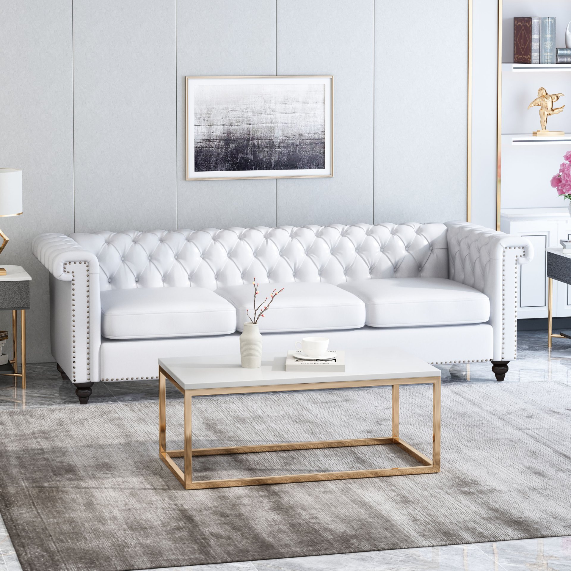 Chesterfield Style 3 Seater Sofa With Button Tufting And Nail Head Accents - White - Image 4