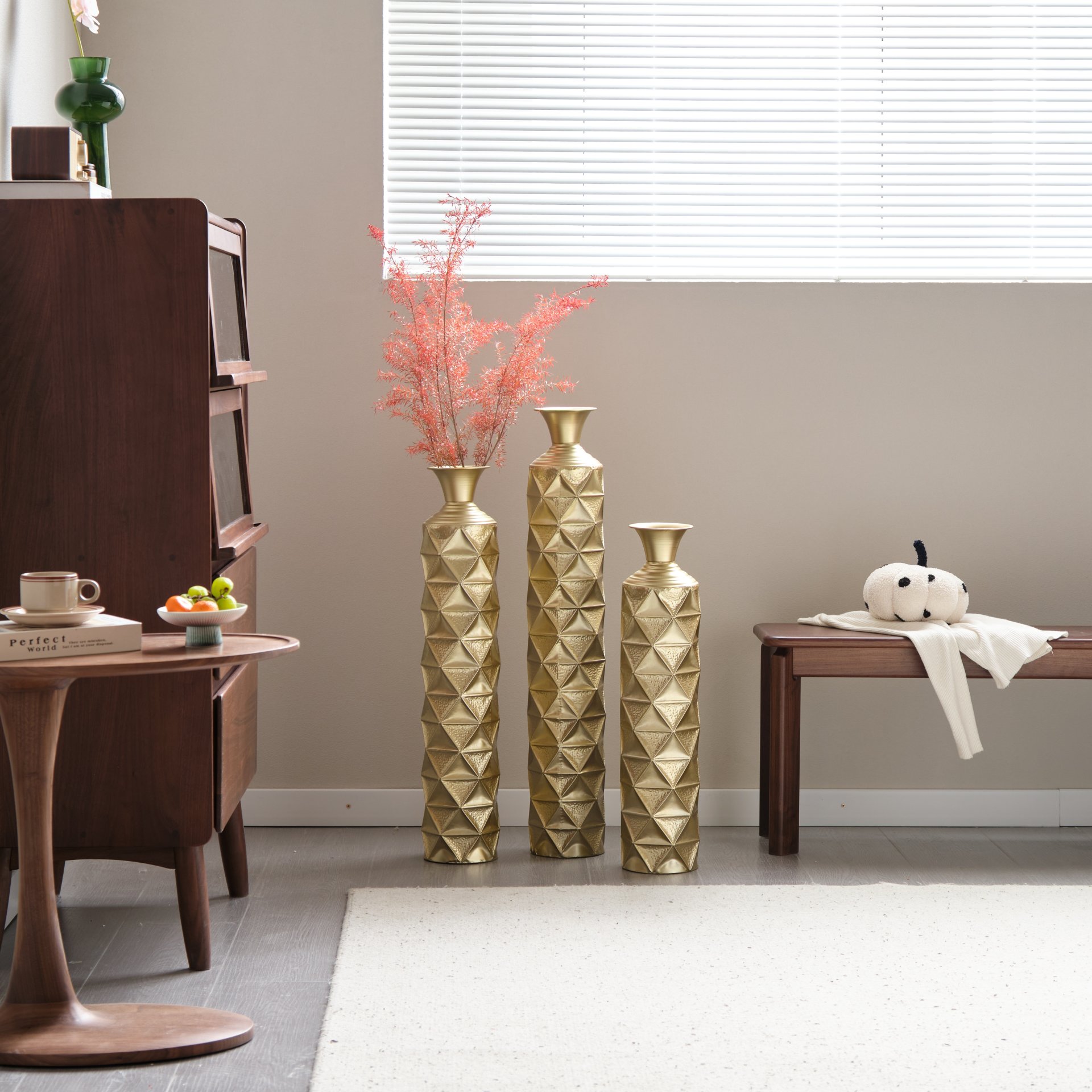 Metal Decorative Vase High Distress Metal Center Vase With 3D Triangle Pattern, (Set of 3) Vases For Home Decoration - Gold - Image 7