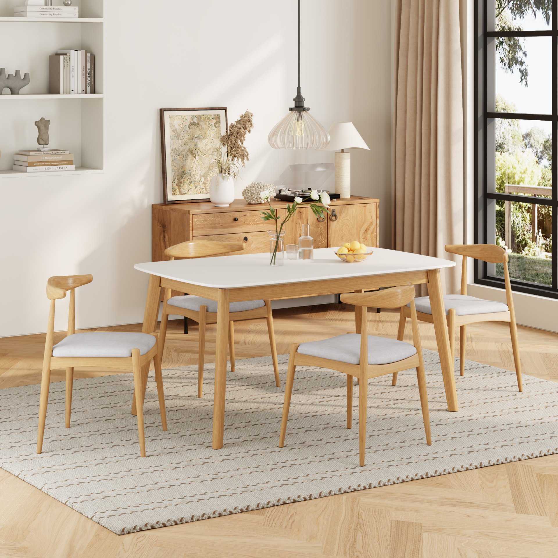 5 Piece Dining Set, Table And 4 Upholstered Chairs - Beige / White / Oak - Image 5