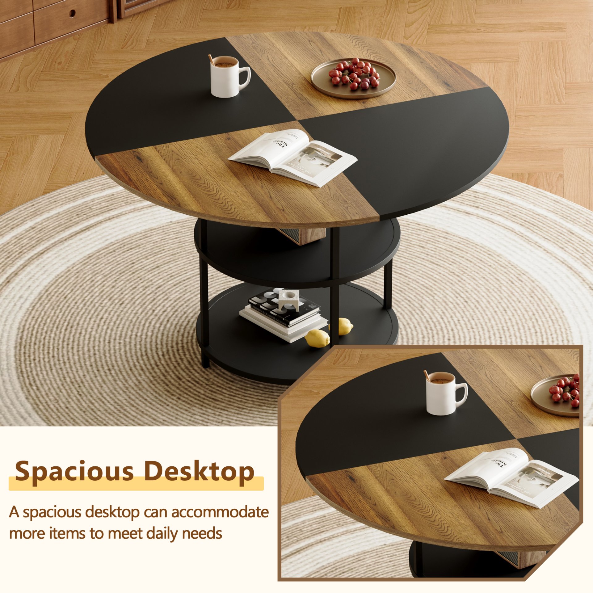 Diameter - Modern Splicing Circular Dining Table Double Layer Storage - Wood / Black - Image 6
