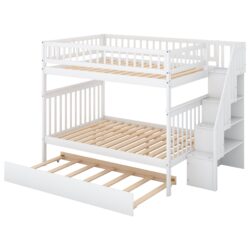Full Over Full Bunk Bed With Trundle And Staircase - White