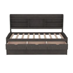 Twin Size Captain Bed With Built In Bookshelves, 3 Storage Drawers, And Trundle - Antique Brown