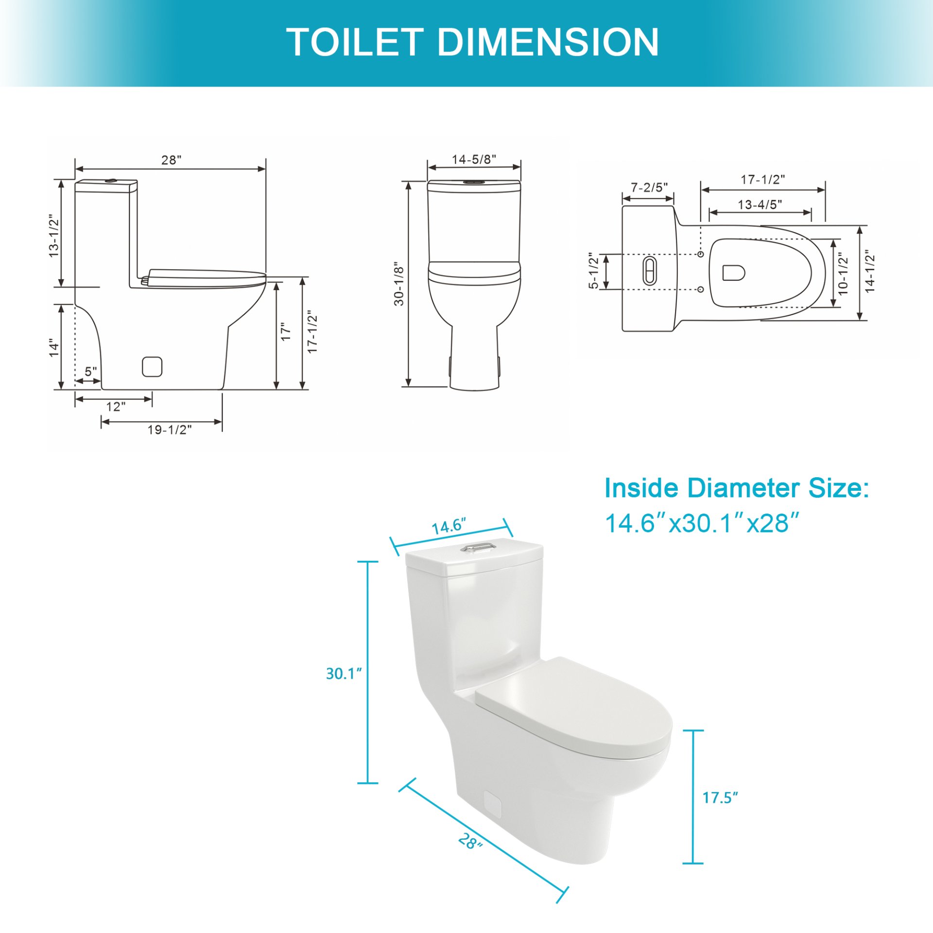 1 Piece Toilet With Dual Flush, Soft Closing Seat - White - Image 3