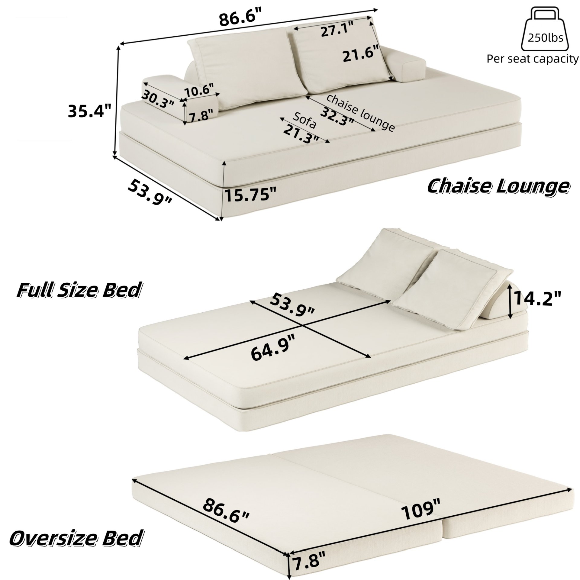 Multifunctional Convertible Sofa Bed With 2 Tumbler Backrests And 2 Pillows, Diy Modern Upholstered Couch - Beige - Image 3