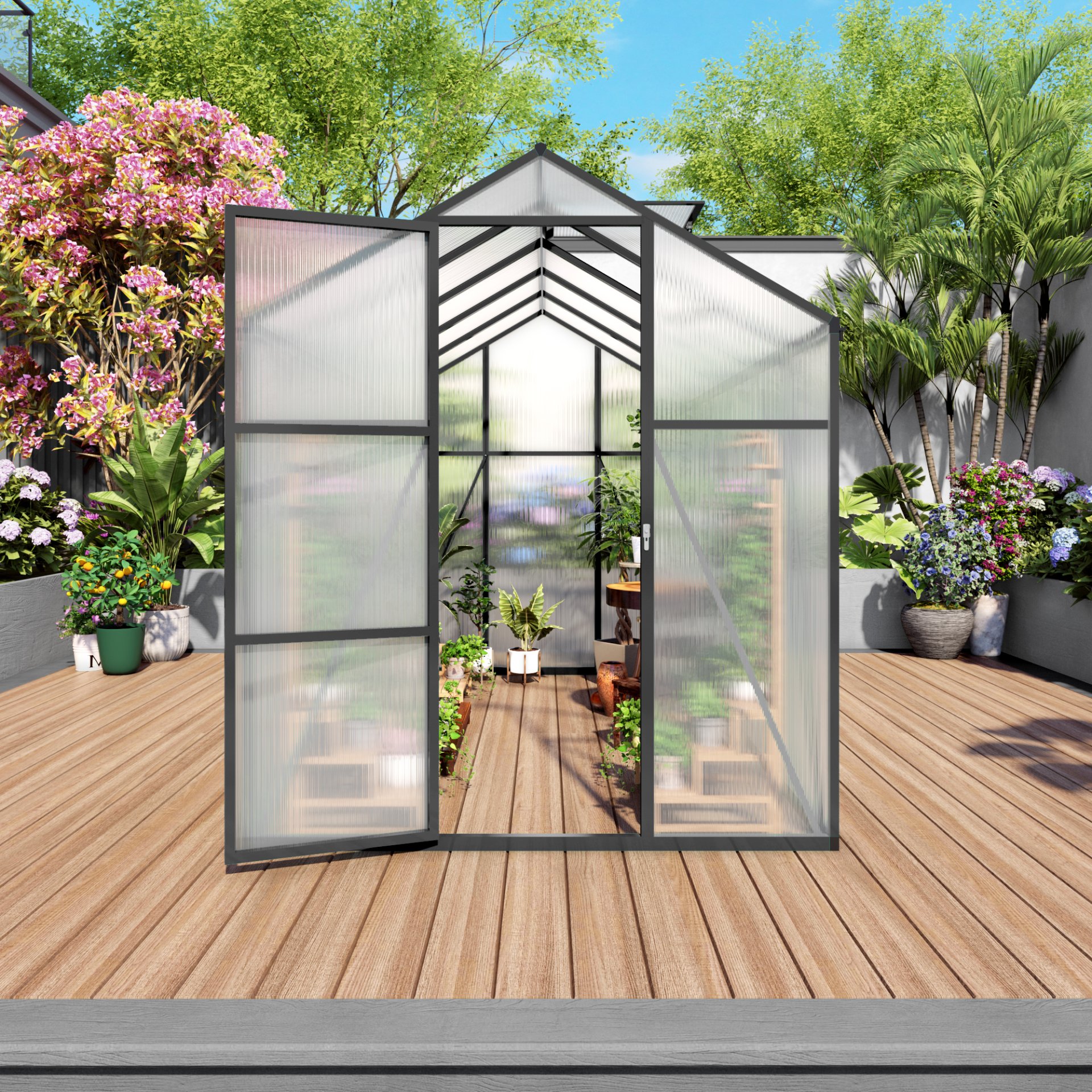 Gain Height Windproof Greenhouse 6 X 10 Ft Polycarbonate With Raised Base And Anchor Alloy Frame, All Season Outdoor Garden Structure - Black - Image 8