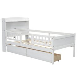 Twin Size Platform Bed With LED Light, Multi Functional Headboard, Guardrail And 2 Drawers - White