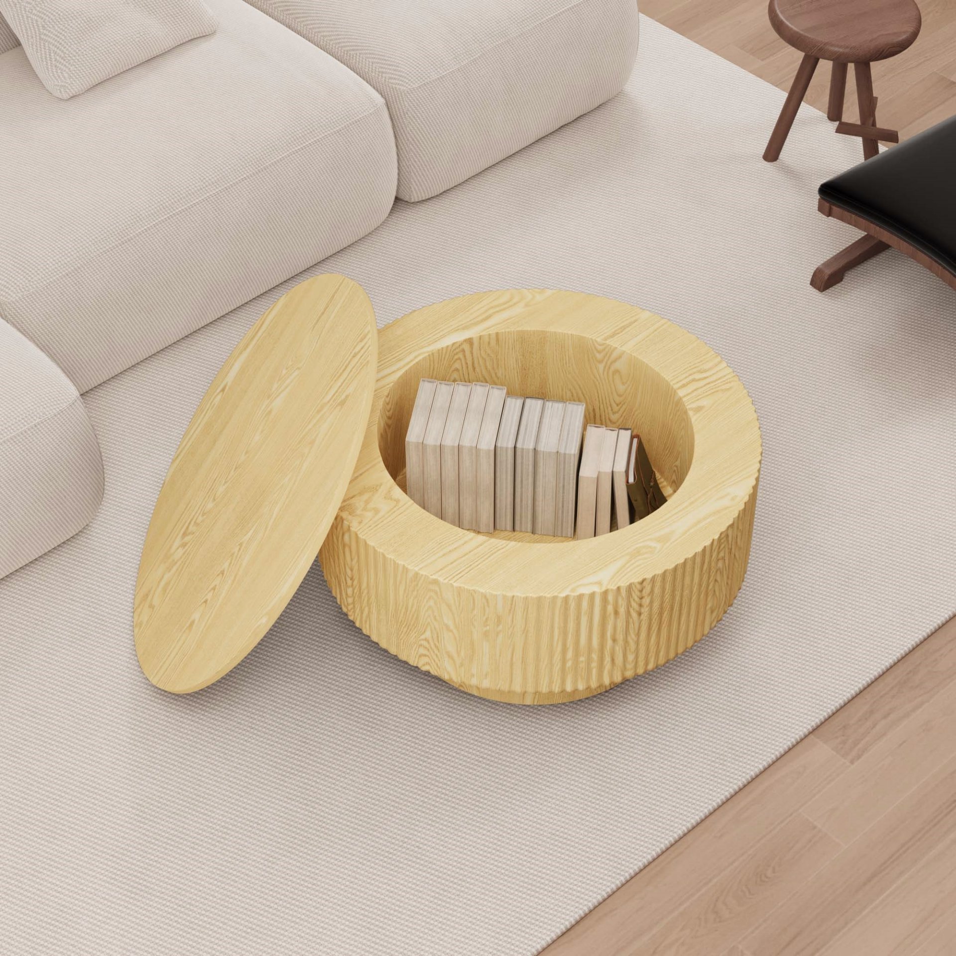 Circular Coffee Table With Stripe Design And Storage Space - Natural Wood - Image 5