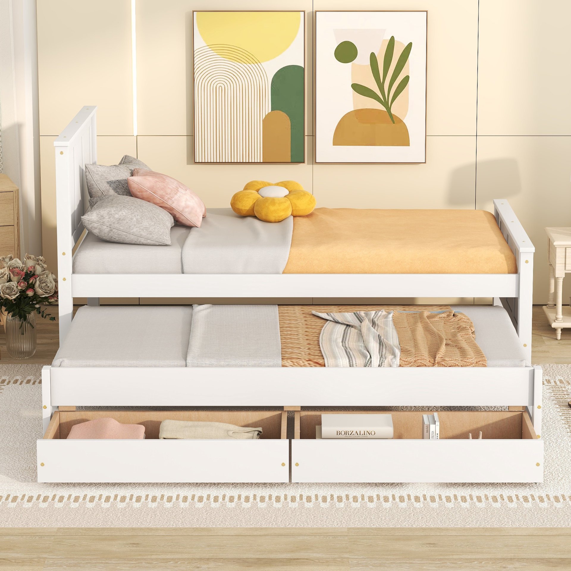 Twin Size Platform Bed With Trundle And Drawers - White - Image 5