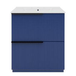 Fluted Bathroom Vanity With Sink, Full Extension Soft Close Drawers - Blue