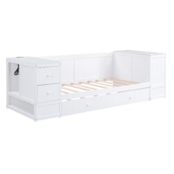 Twin Size Daybed With Storage Arms, Trundle And Charging Station - White