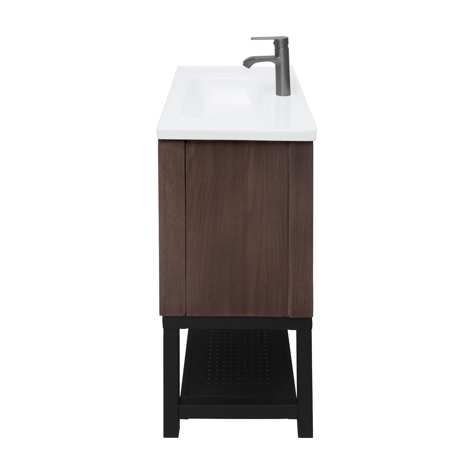 Modern Freestanding Bathroom Vanity With White Ceramic Sink, Hot And Cold Faucet, 2 Door Cabinet & Open Iron Shelf, Magnesium Oxide And Iron Frame - Walnut - Image 10