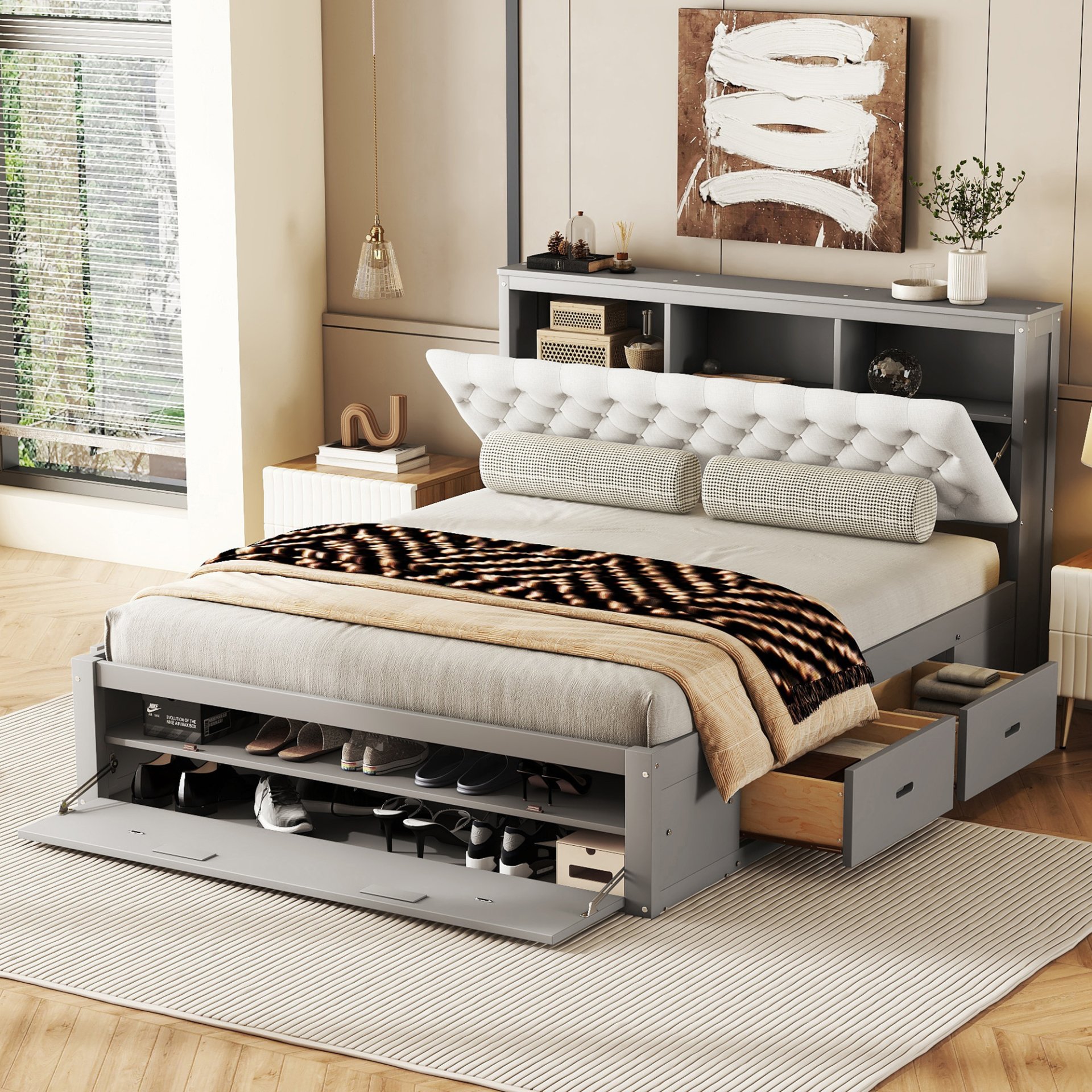Queen Size Platform Bed With Storage Headboard, Shoe Rack And 4 Drawers - Gray - Image 2