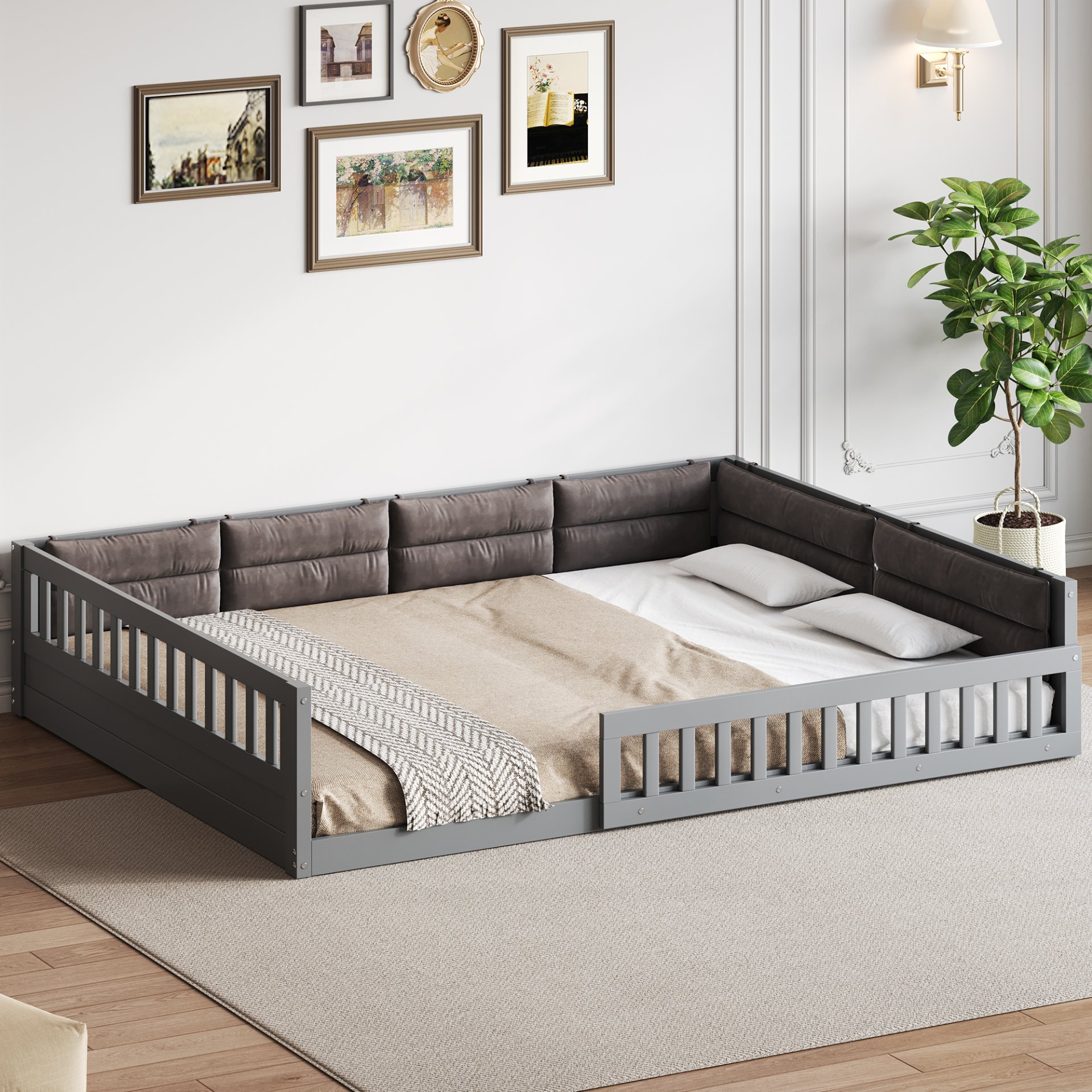 Upholstered Platform Bed With Guardrail And Pillow, Full Size - Gray - Image 5