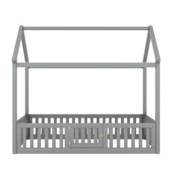 Twin Size House Bed With Fence And Door - Gray