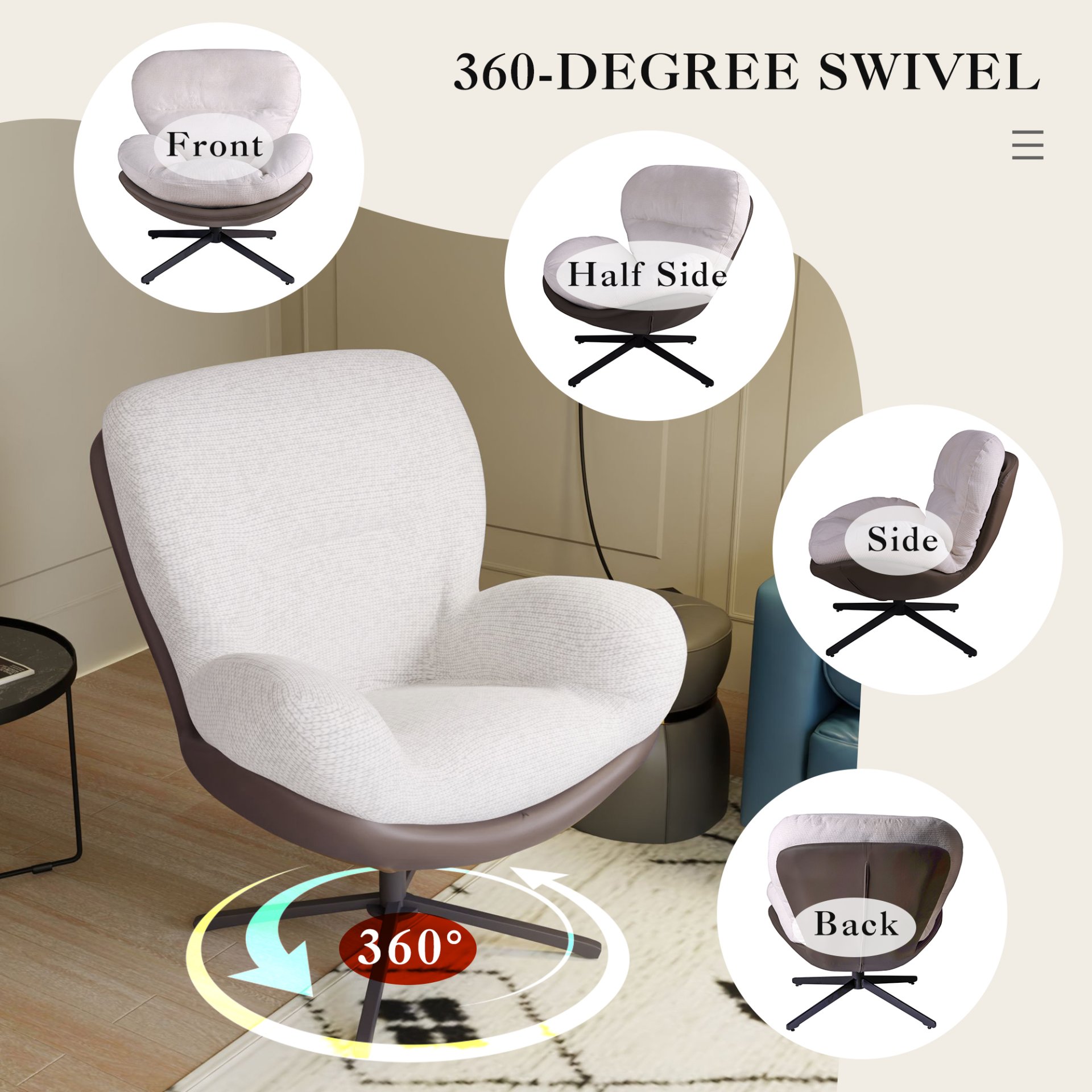 360° Swivel Office Chair, Modern Chenille Chair With And Metal Base Frame, No Wheels, Accent Chair - White - Image 8