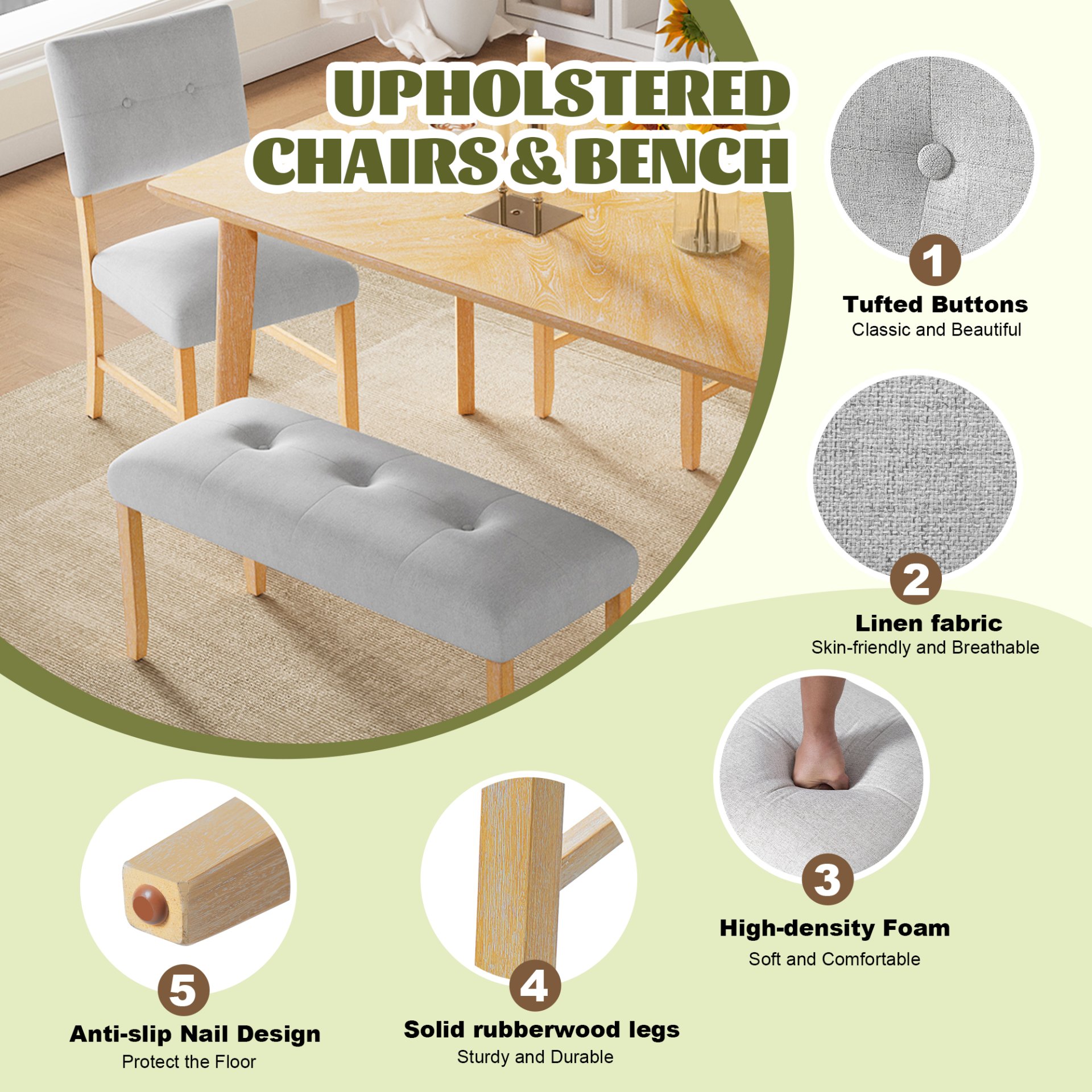 6 Pieces Dining Room Table Set, Rustic Farmhouse Dining Room Rectangular Table With 4 Upholstered Chairs And Bench, Solid Wood Kitchen Dining Table Set For 6 Persons - Natural Wood Wash - Image 7