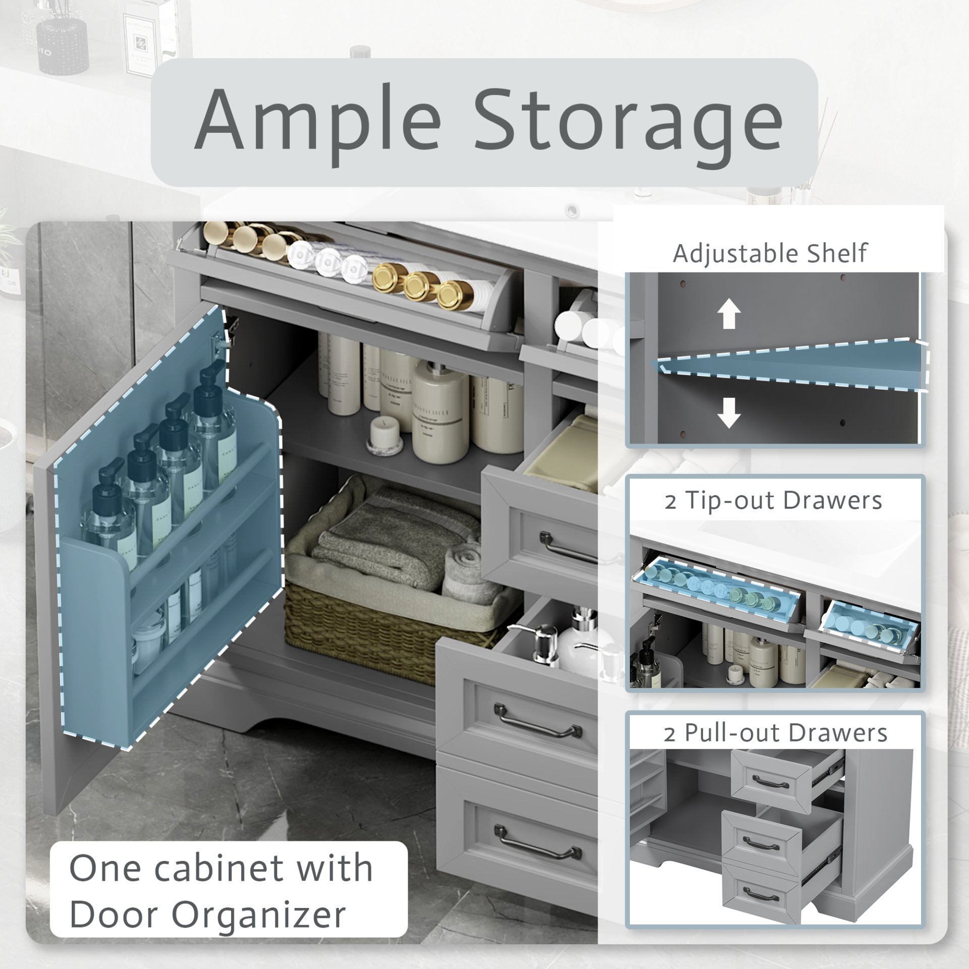 36" Bathroom Vanity With Sink, 2 Tip Out Drawers, Soft Close Hinges - Light Gray - Image 7