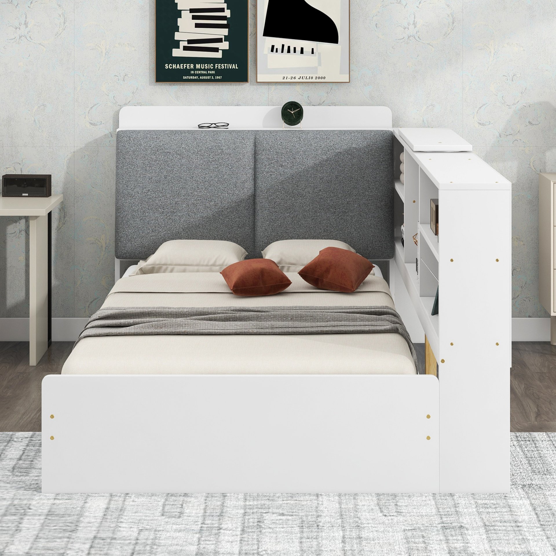 Twin Size Platform Bed With Storage Headboard, Shelves And 2 Drawers - White - Image 5