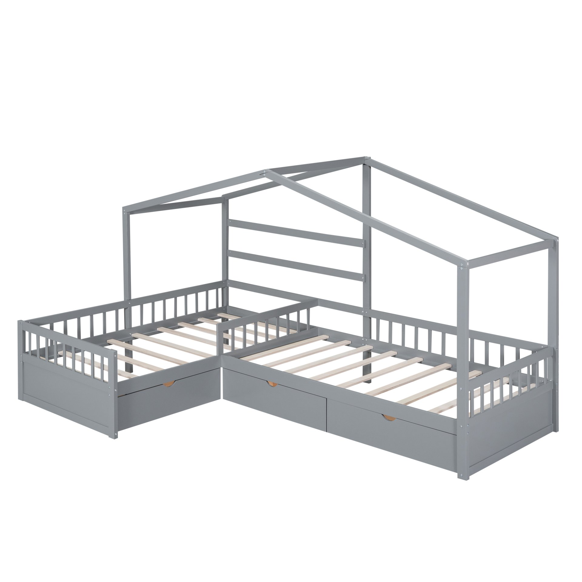 L-Shape Twin Platform Bed With 3 Storage Drawers - Gray - Image 8