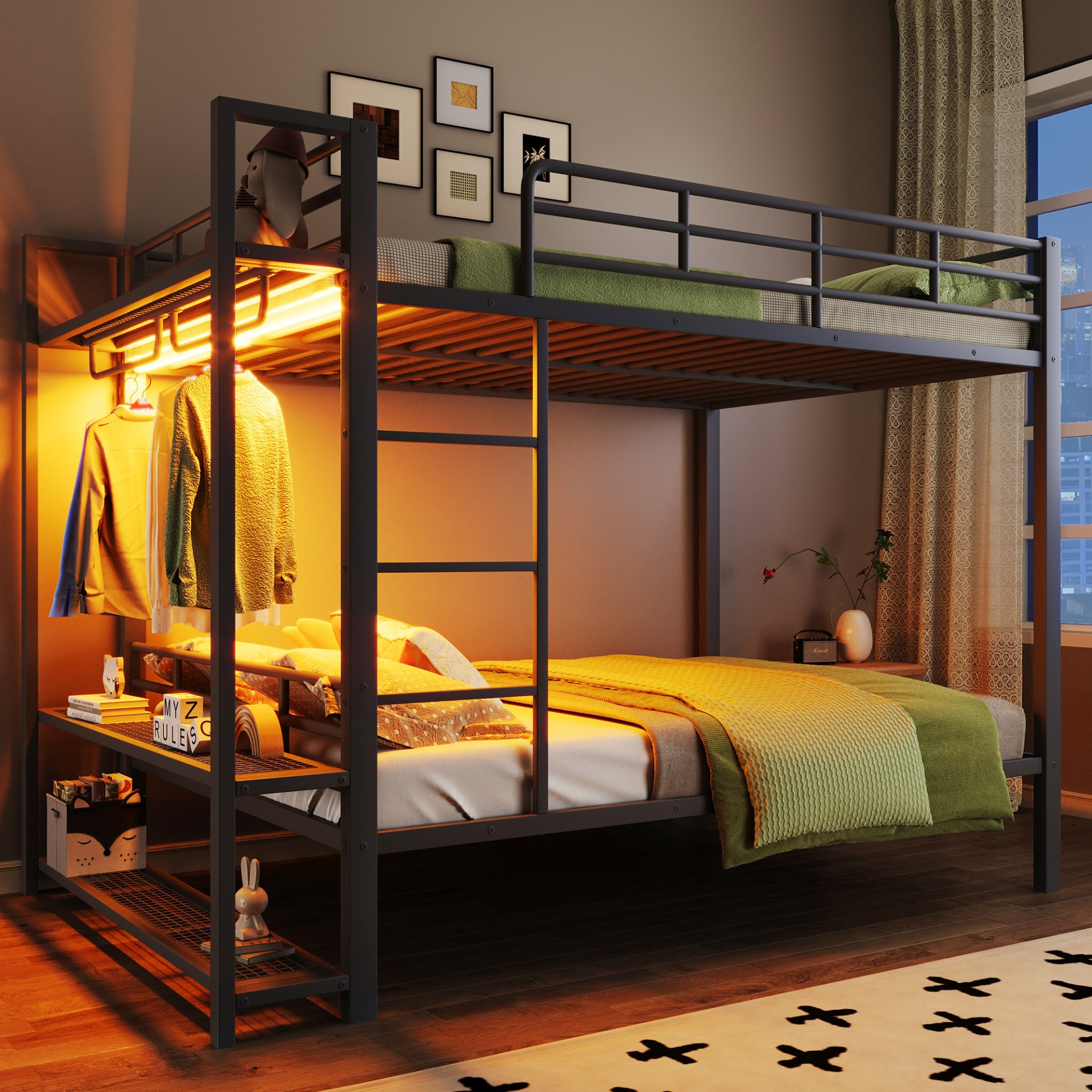 Full Size Bunk Bed With Storage Mesh Shelves, Clothes Hooks, LED Light - Black - Image 2