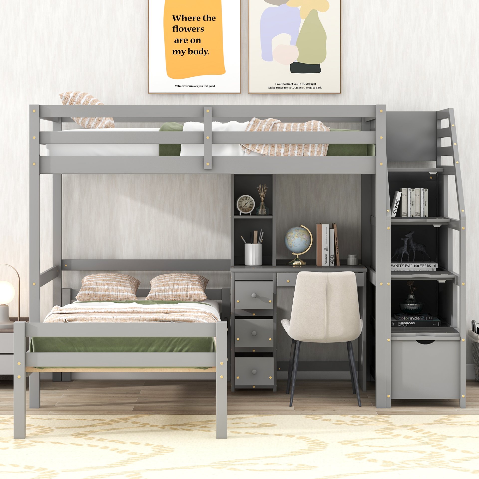 Twin Size Loft Bed With Stand Alone Bunk, Storage Staircase, Desk, Shelves, And Drawers - Gray - Image 5