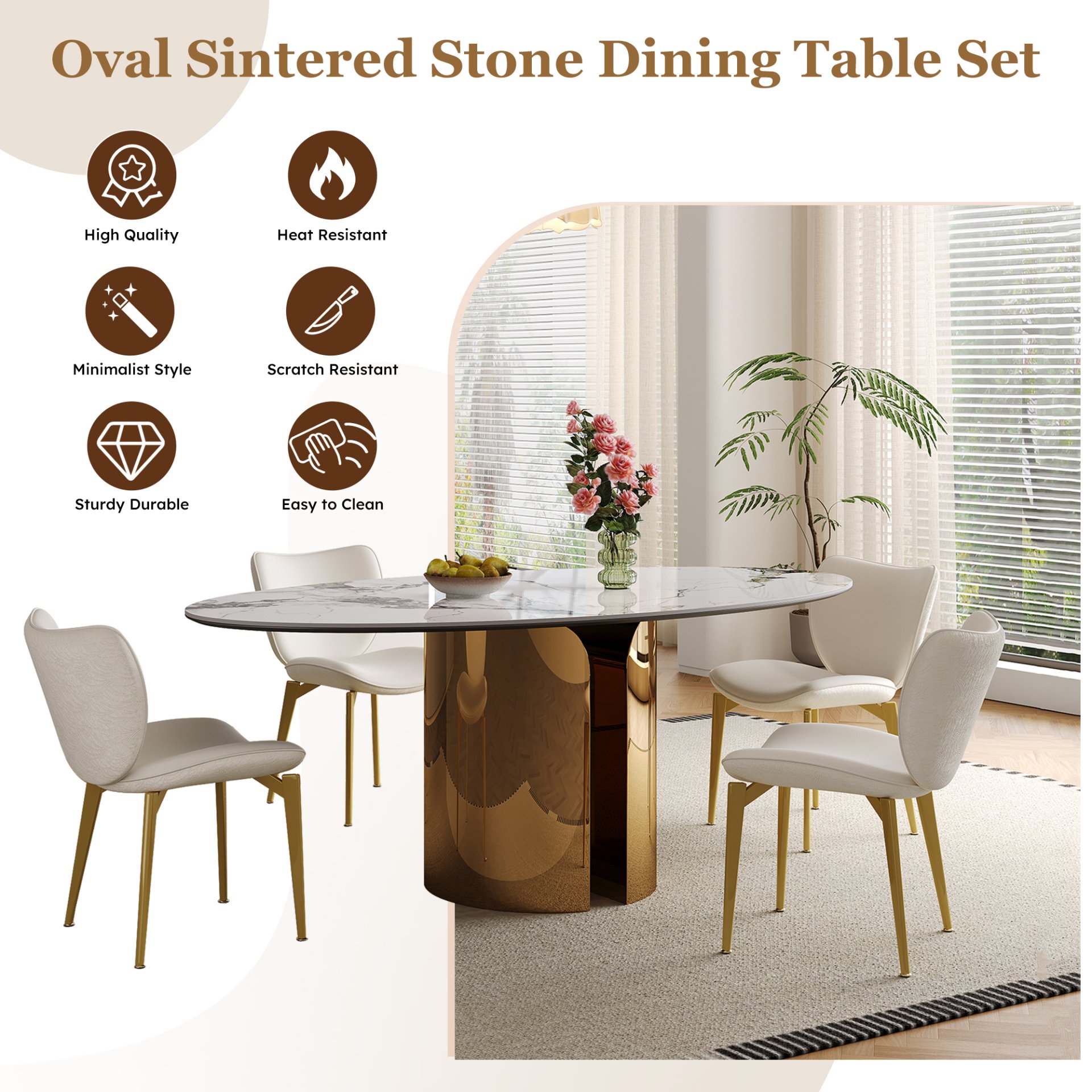 Oval Sintered Stone Dining Table With 4 Chairs - Brown / White - Image 6