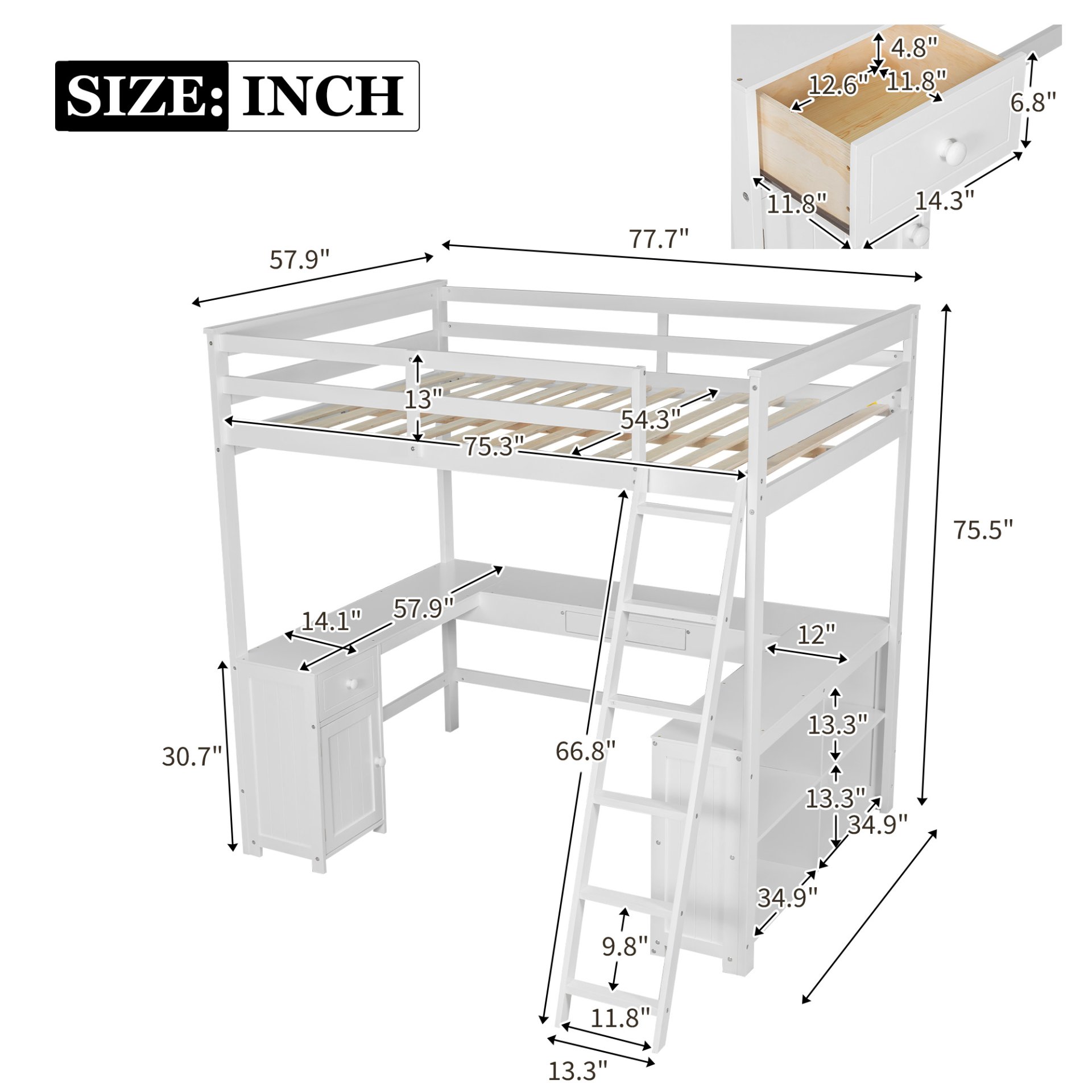 Full Size Loft Bed With U-Shaped Desk, Drawers, And Storage Shelves - White - Image 3