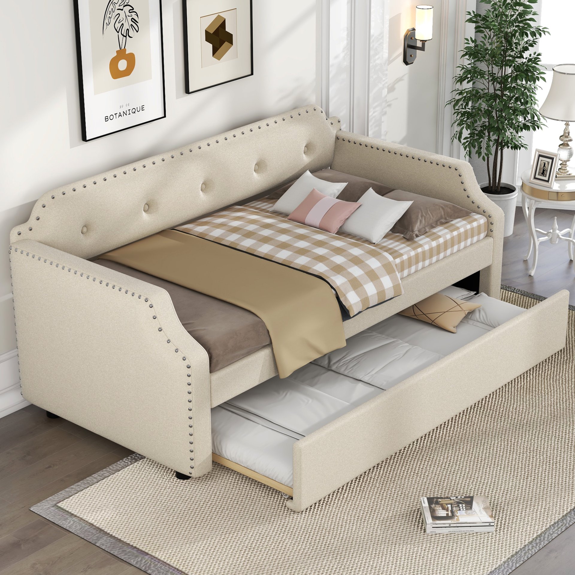 Upholstered Daybed With Trundle, Twin, Slat Support - Beige - Image 4