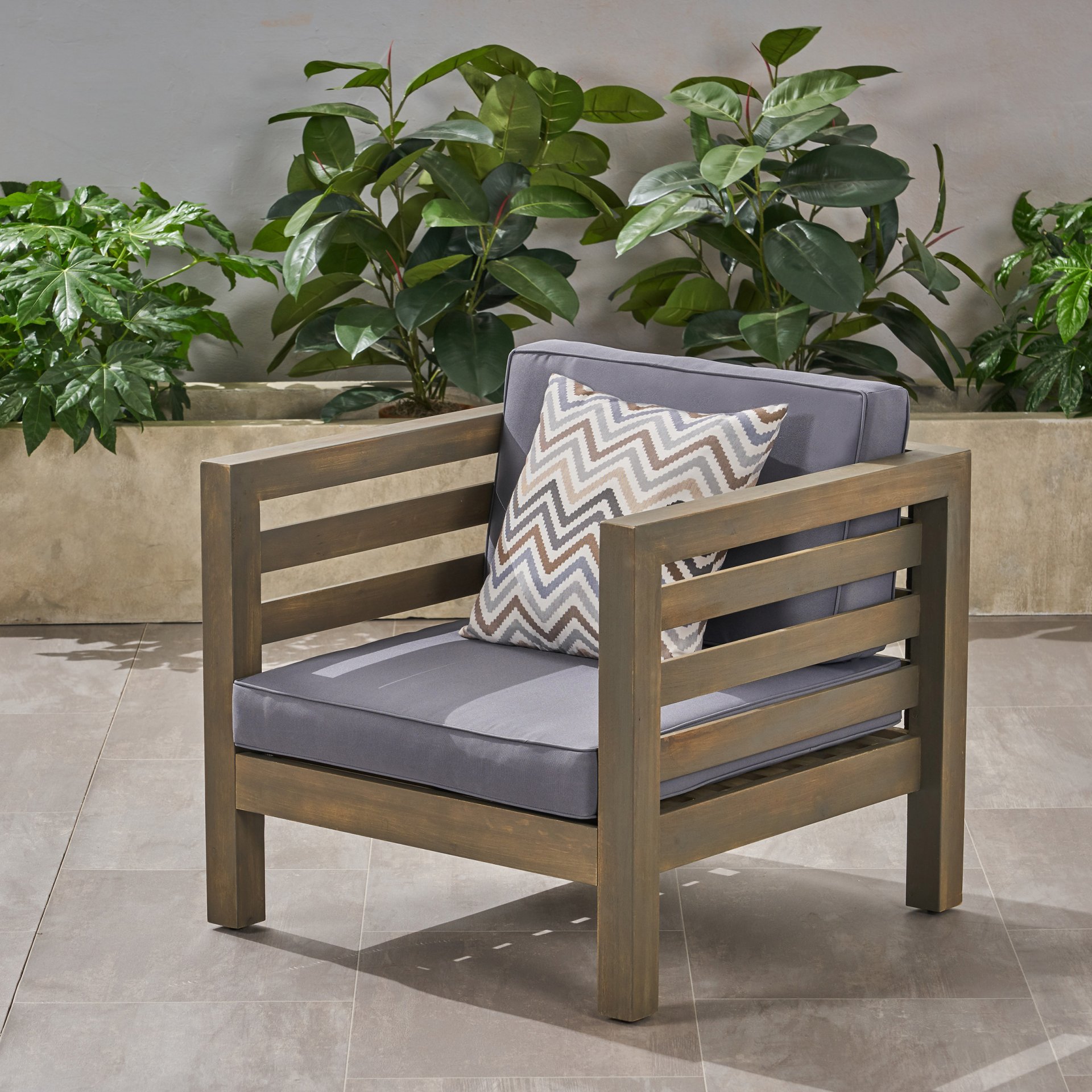 Outdoor Club Chair, Acacia Wood Patio Chair With Fabric Cushion For Backyard, Poolside, Garden Or Porch - Gray - Image 5
