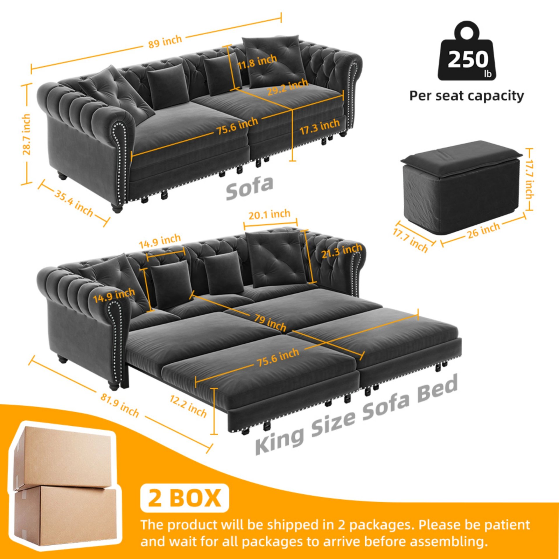 3 In 1 Pull Out Sofa Bed, Convertible Sleeper Sofa Bed, 3 Seater Sofa With Movable Ottoman - Gray - Image 3
