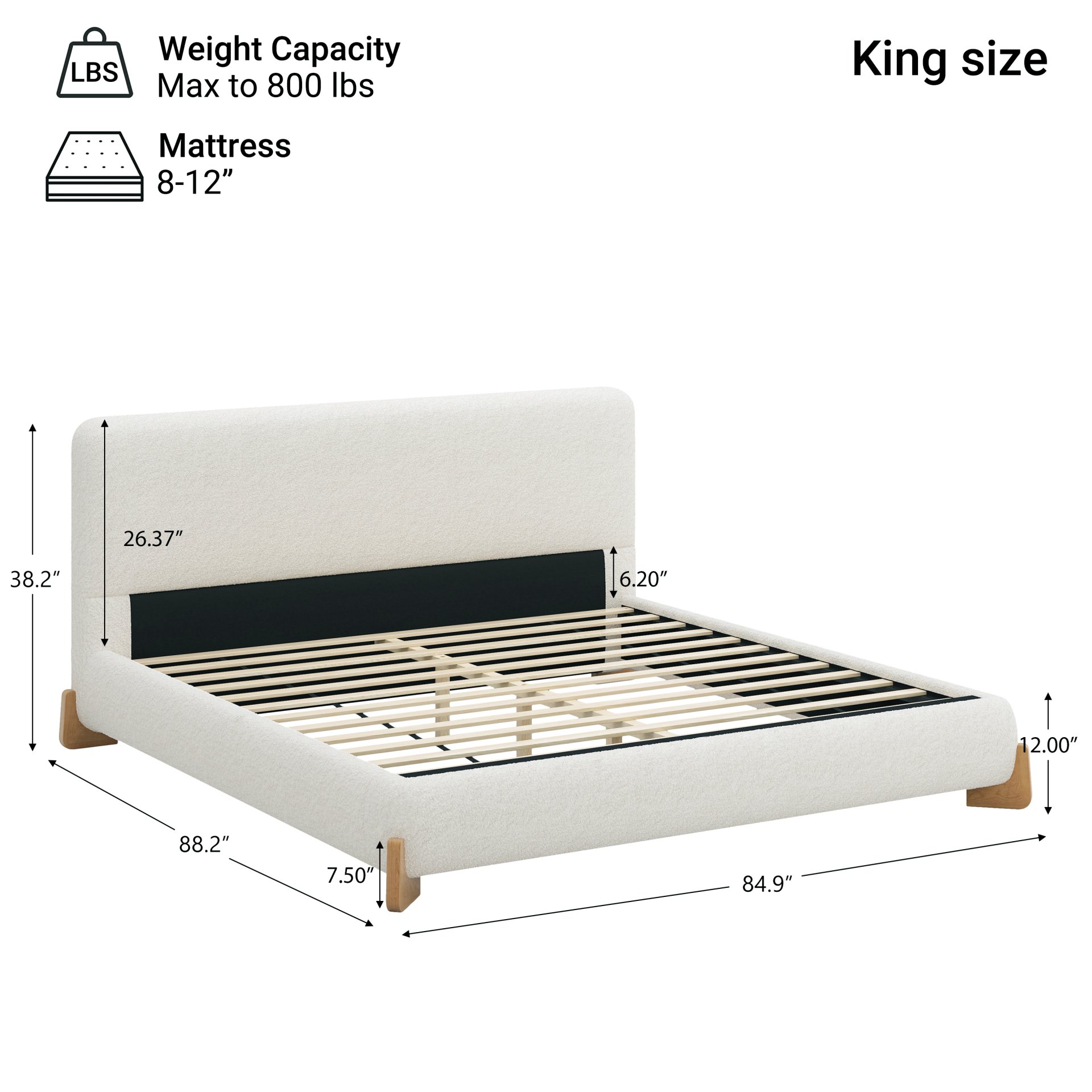 King Size Upholstered Bed With 12 Slats Support - White - Image 5