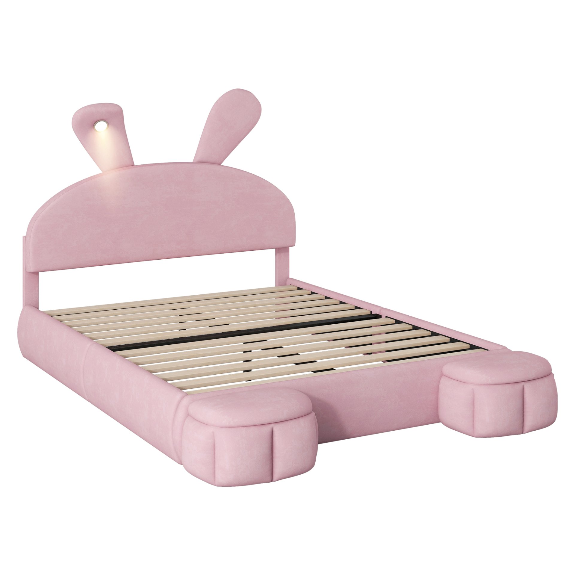 Full Size Upholstered Platform Bed With Cartoon Ears Headboard And Built In LED Light - Pink - Image 11